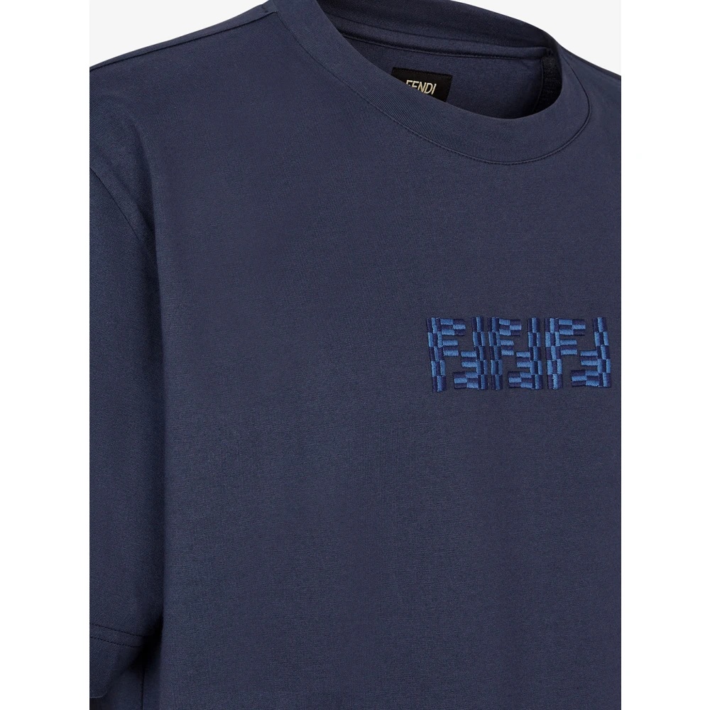 FENDI BLUE CREW-NECK T-SHIRT WITH FF LABYRINTH MOTIF