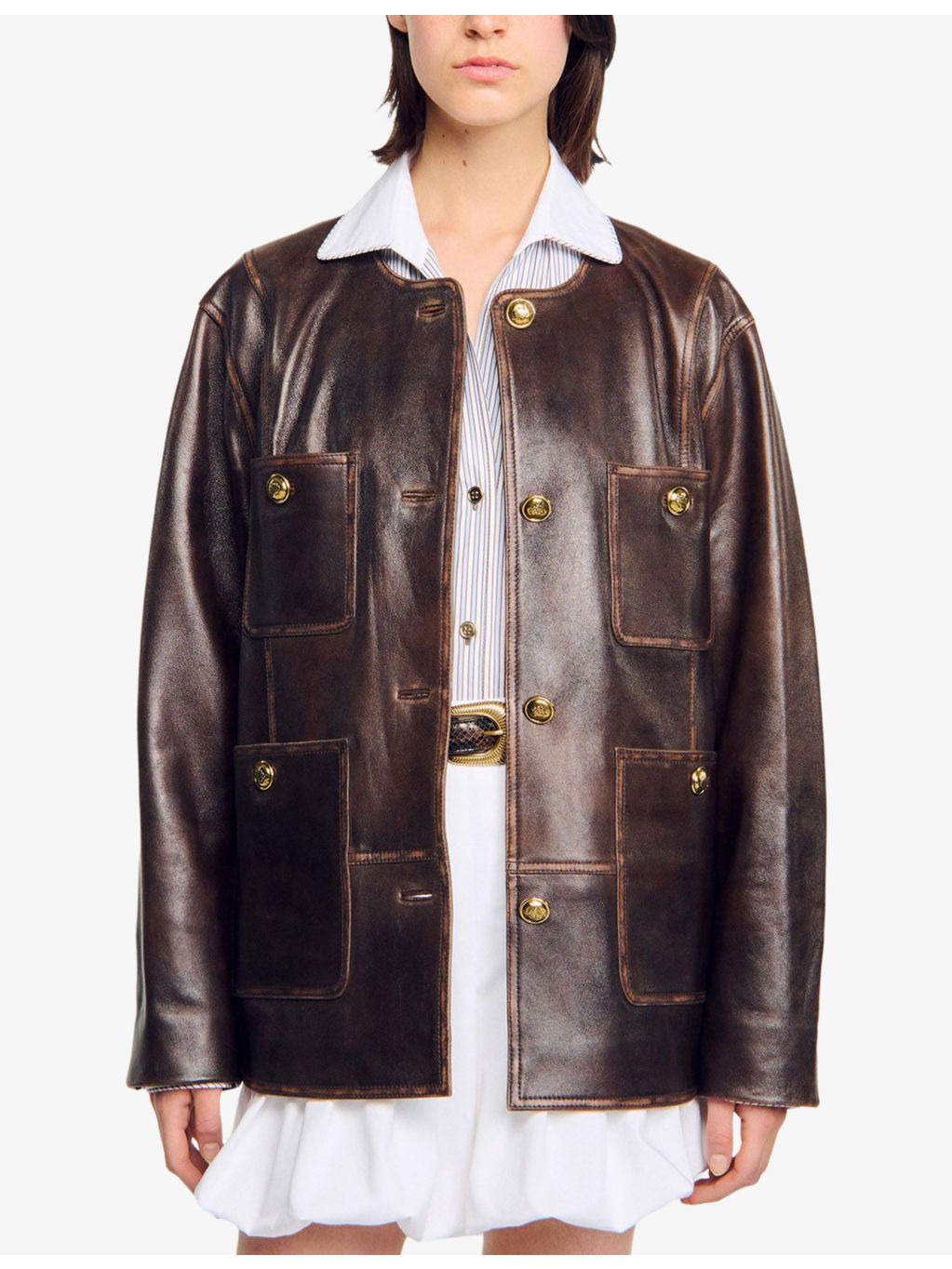 Distressed Button-Embellished Leather Jacket - 3