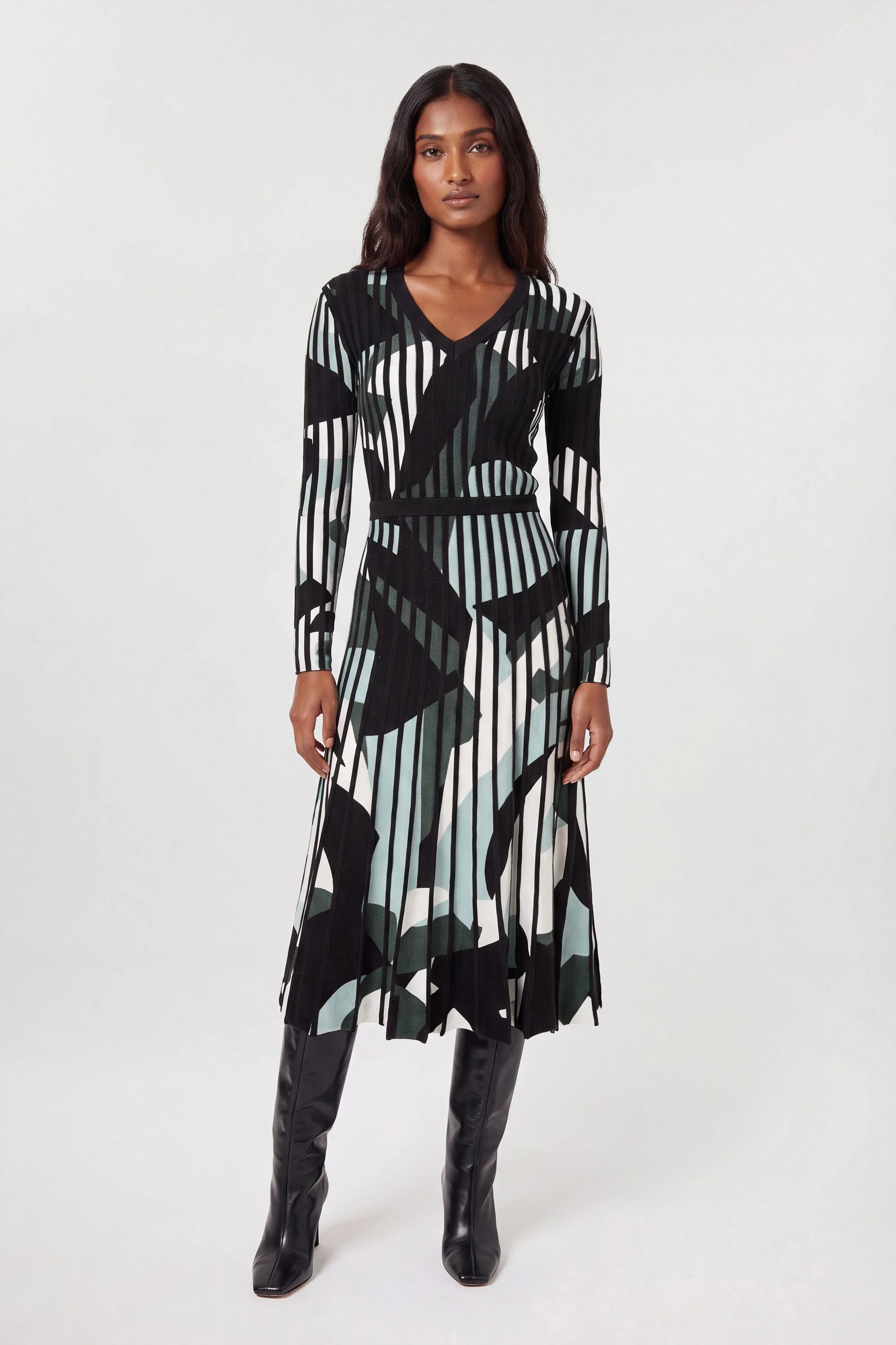 Zebra Jacquard Knit Full Skirted Midi Dress - 1