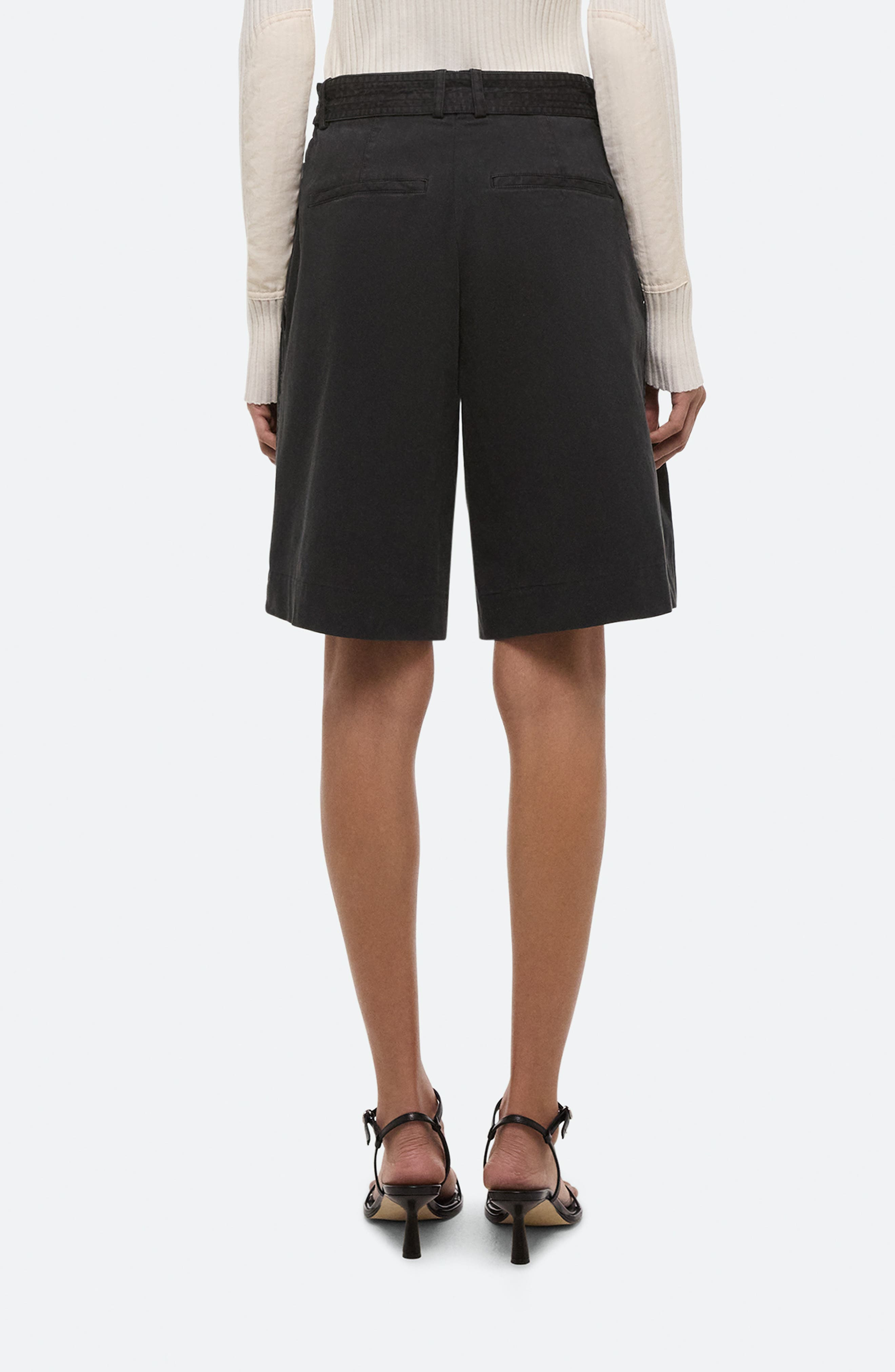 Helmut Lang Belted Double Pleat Stretch Cotton Shorts in Black at Nordstrom - 2
