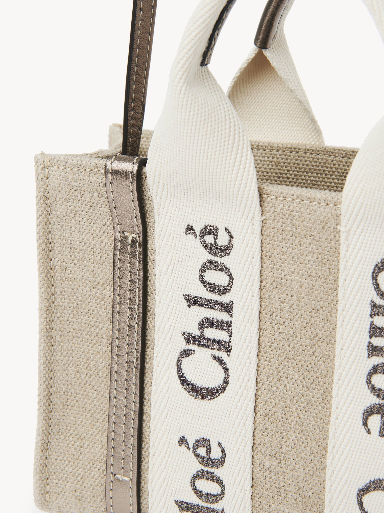 MINI WOODY TOTE BAG IN LINEN & LEATHER - 5