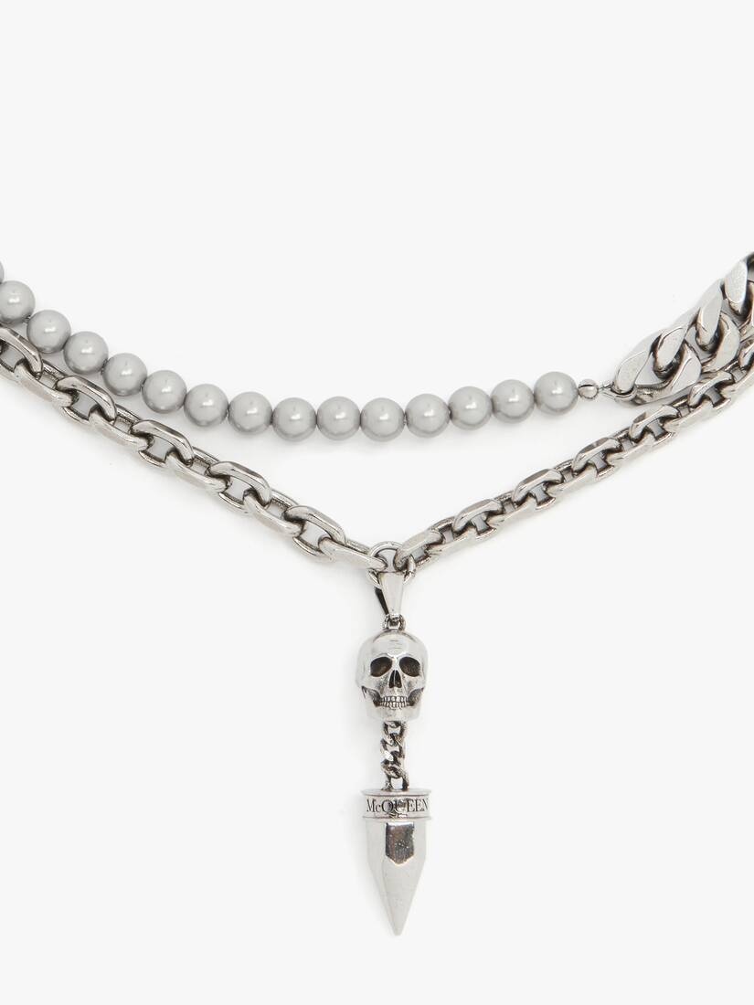 Men's Pearl And Skull Stud Necklace in Antique Silver - 4