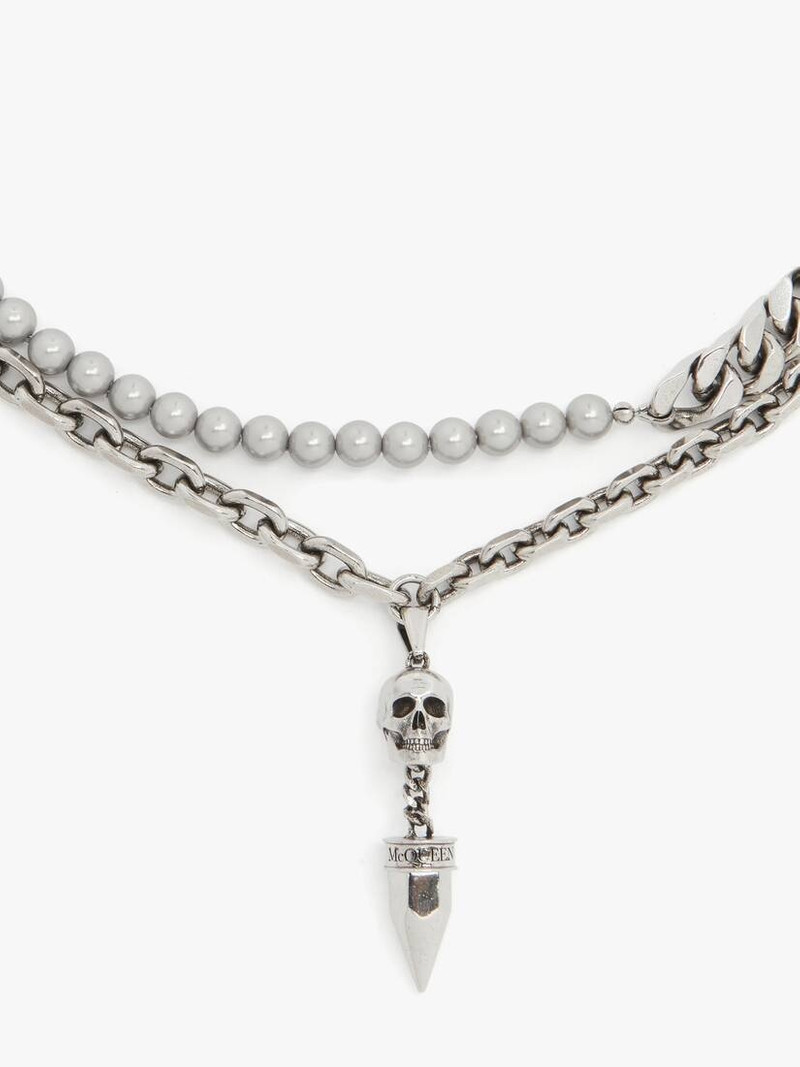 Men's Pearl And Skull Stud Necklace in Antique Silver 4
