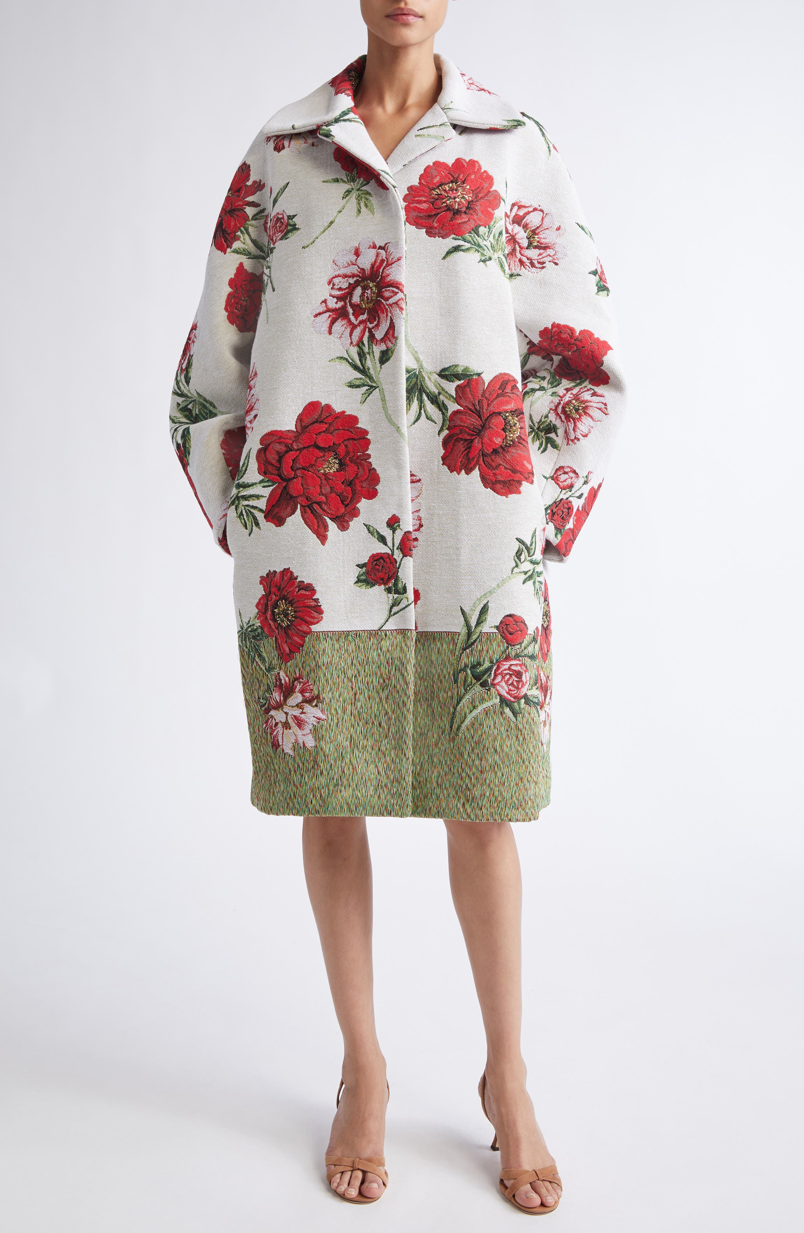 Oscar de la Renta Peony Jacquard Coat in Grey Multi at Nordstrom - 1