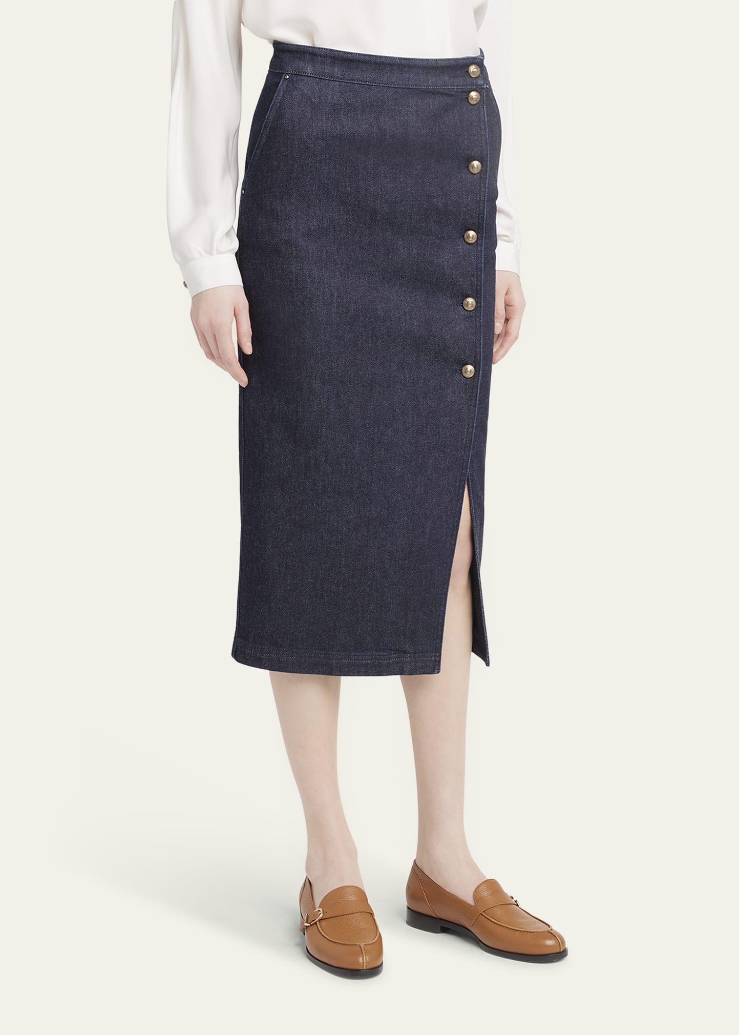 Cotton-Cashmere Denim Button Midi Skirt - 4