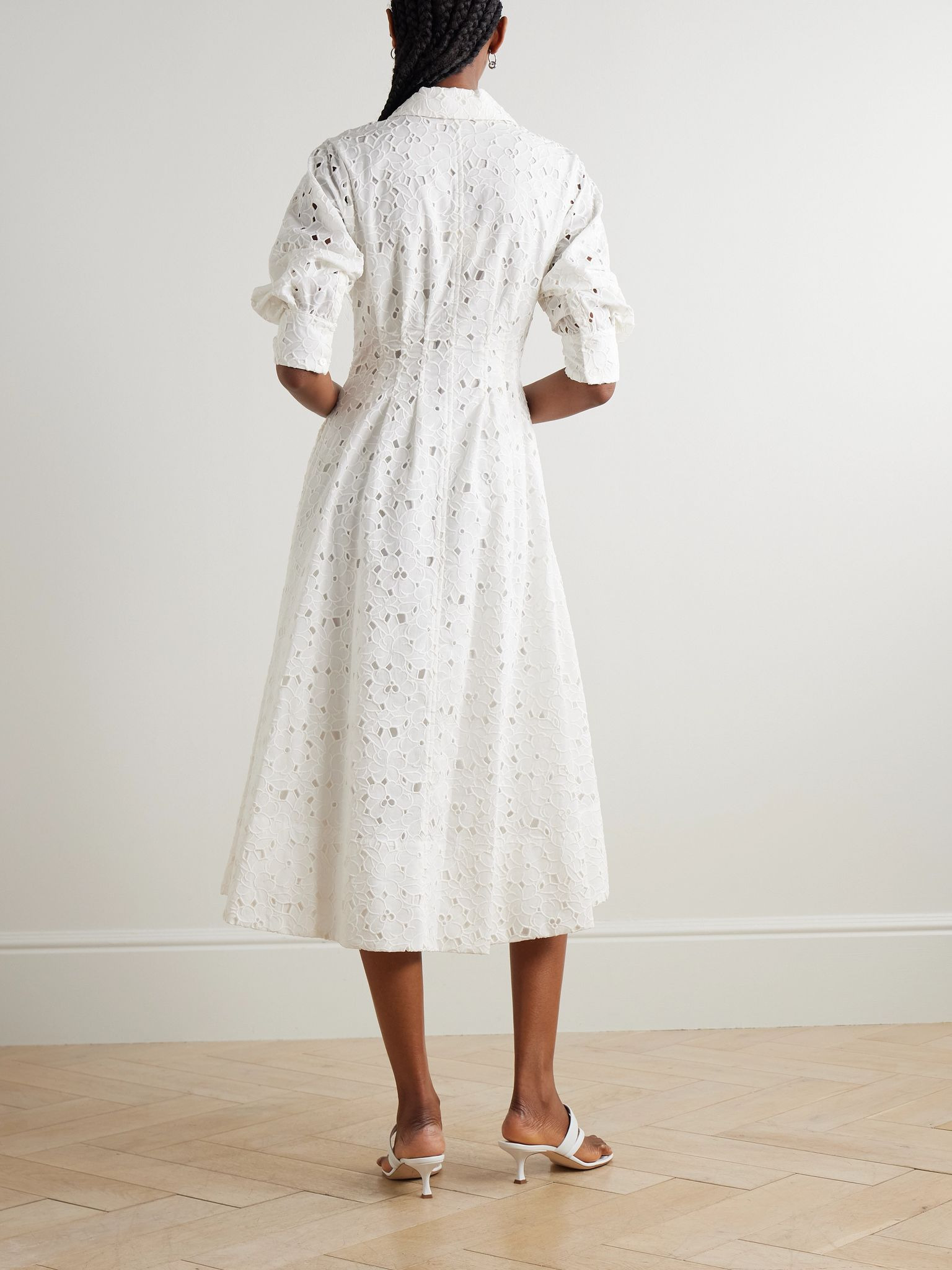 Jazz pleated broderie anglaise cotton midi shirt dress White - 3