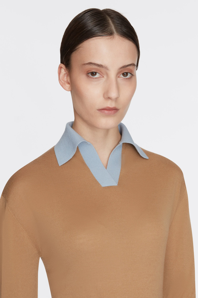 James Knit with Baby Blue Collar in Camel Lightweight Wool 3