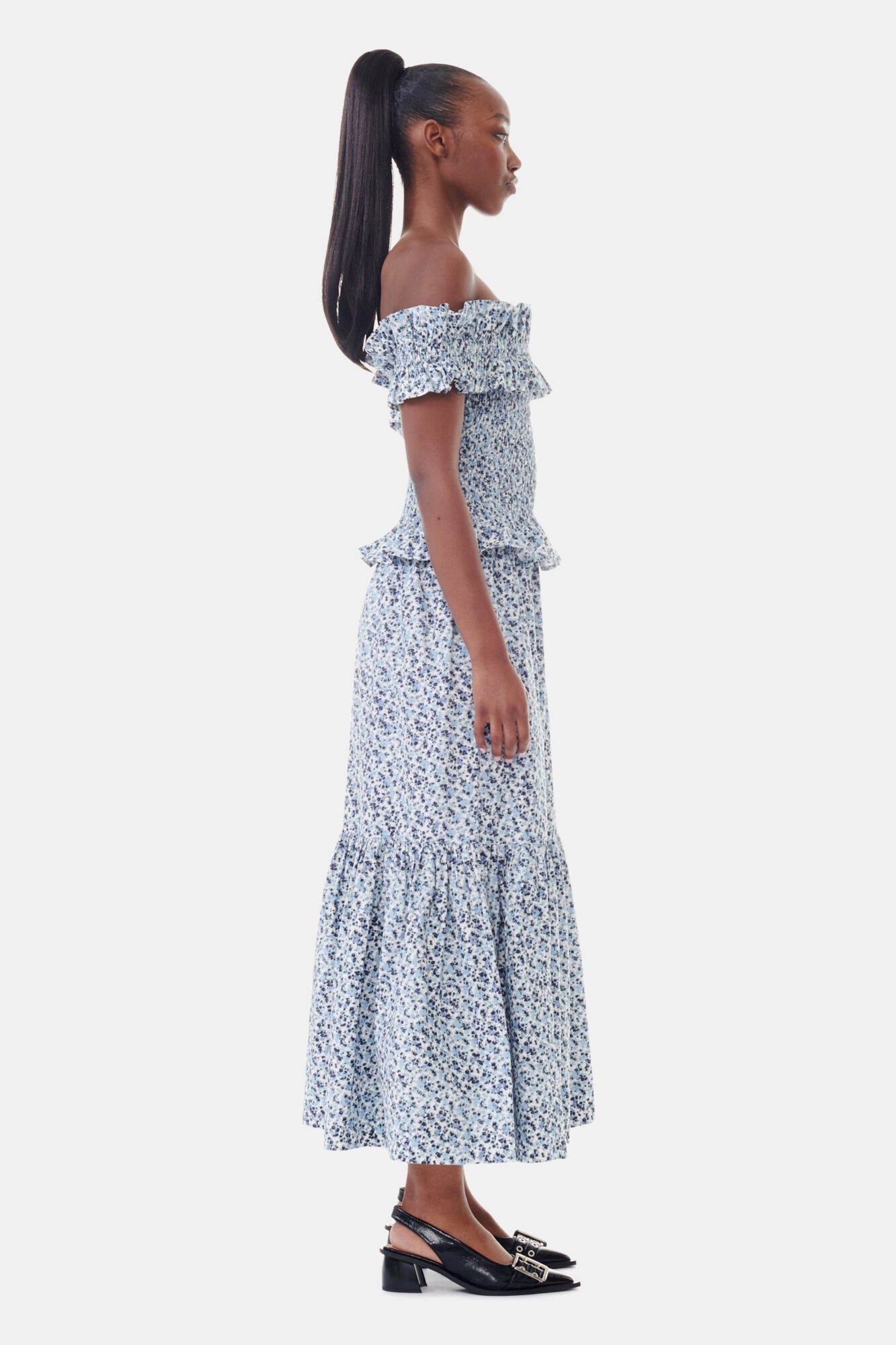 BLUE FLORAL PRINTED COTTON MAXI FLOUNCE SKIRT - 3