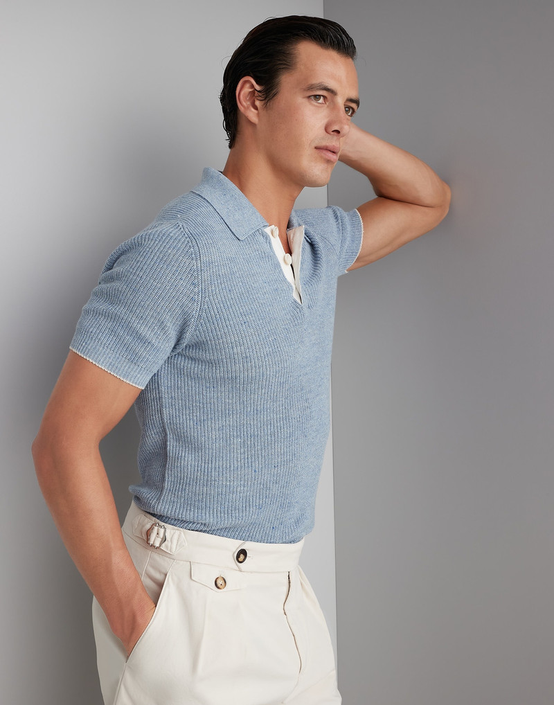 Linen and cotton half English rib knit polo with contrast detail 4