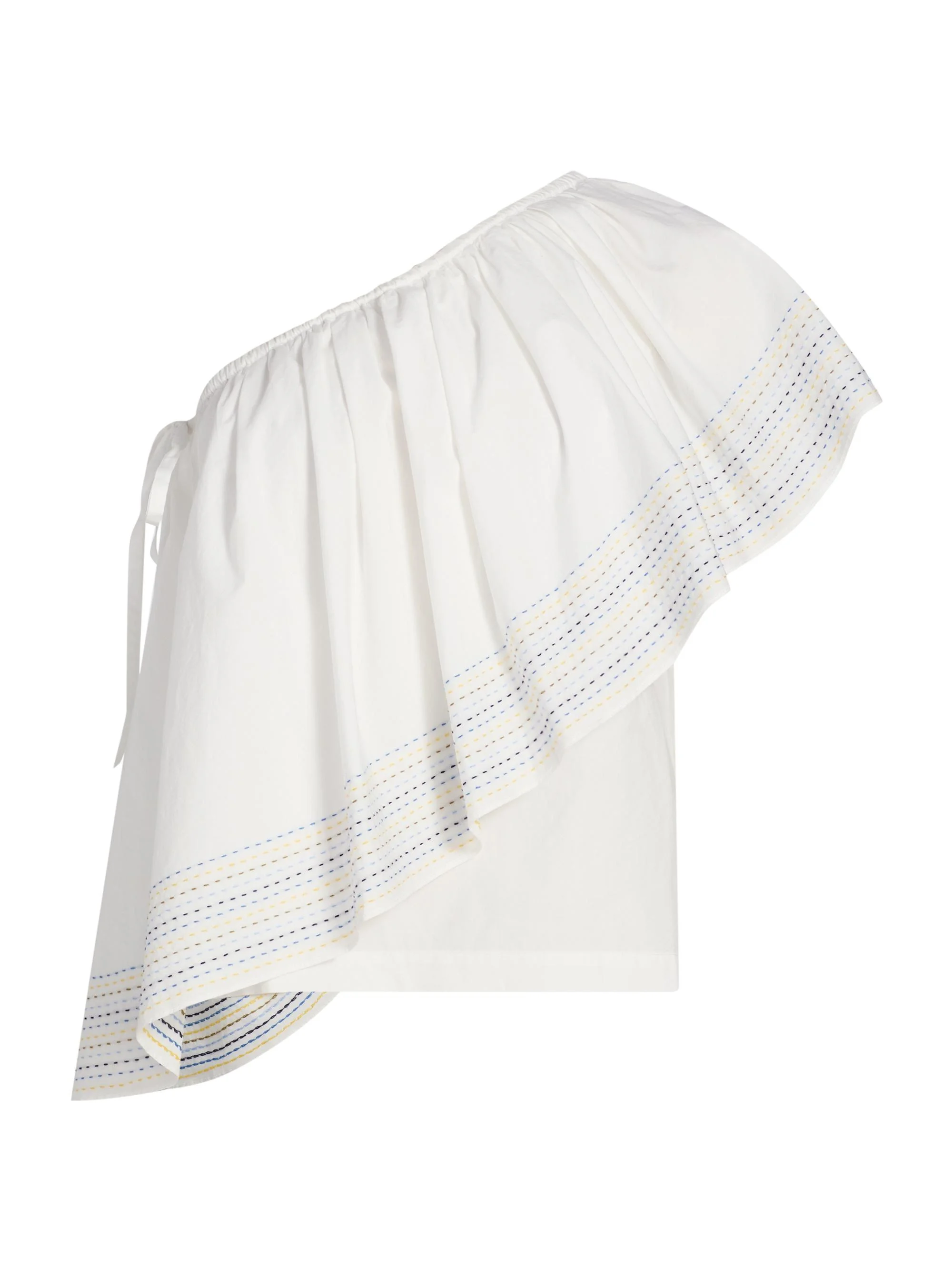 Women's Wedge Trapunto-Stitched Cotton Poplin One-Shoulder Top - White - 1