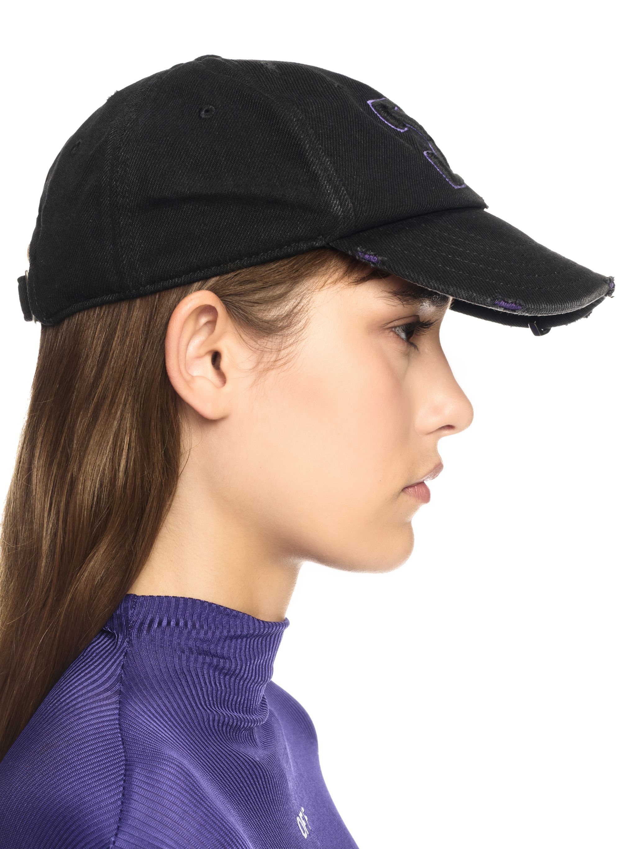 Black/purple Distressed Denim Baseball Cap - 5