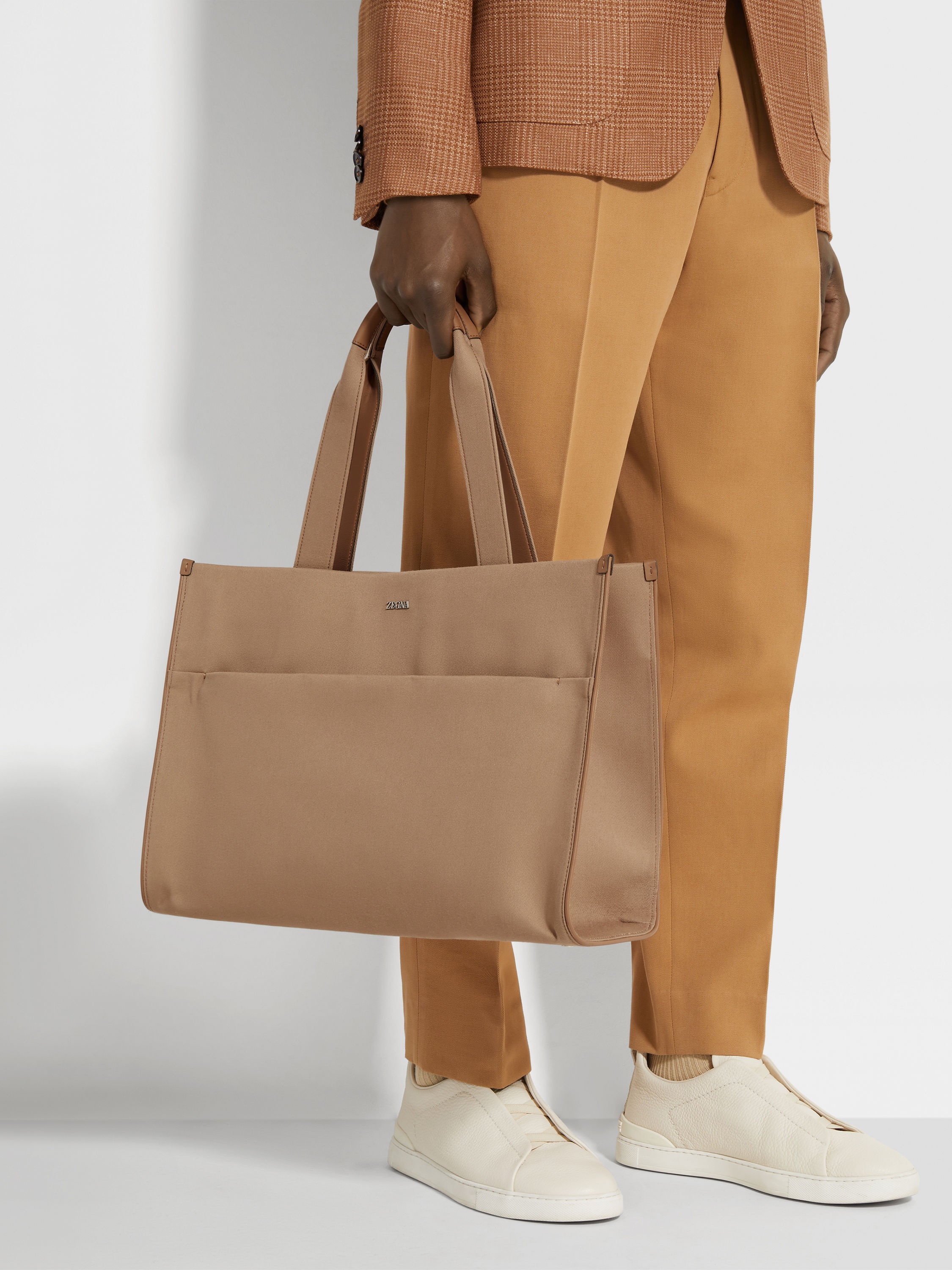 DARK BEIGE COTTON AND LEATHER TOTE BAG E/W - 2