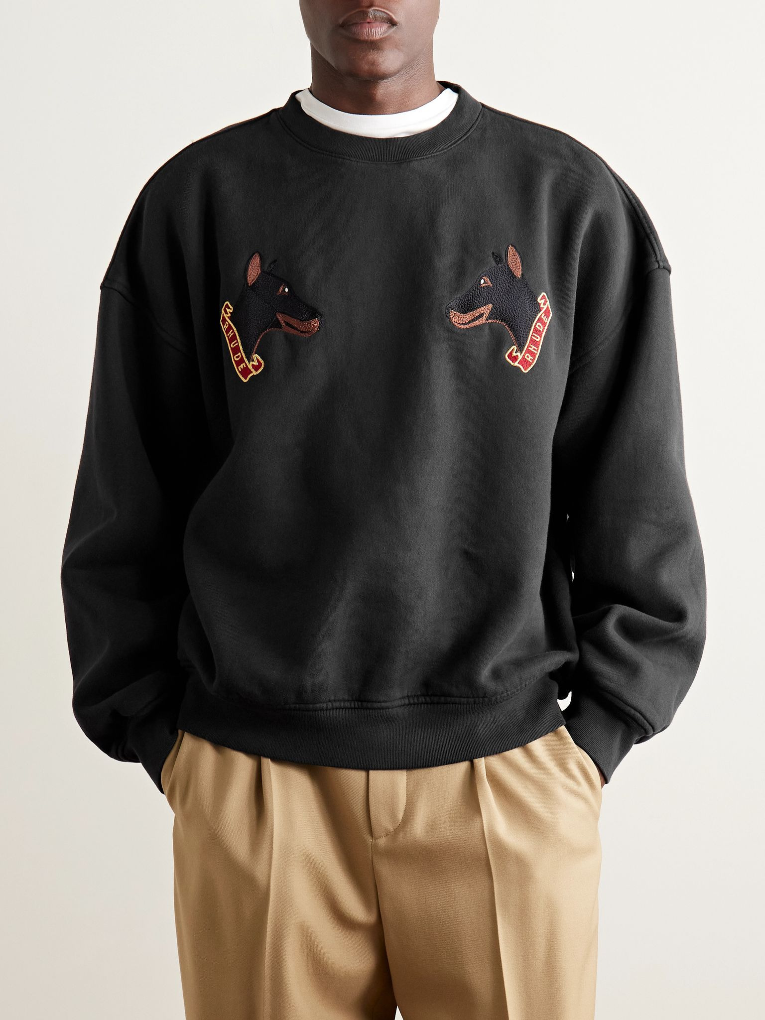 London Hound Embroidered Cotton-Jersey Sweatshirt Black - 3