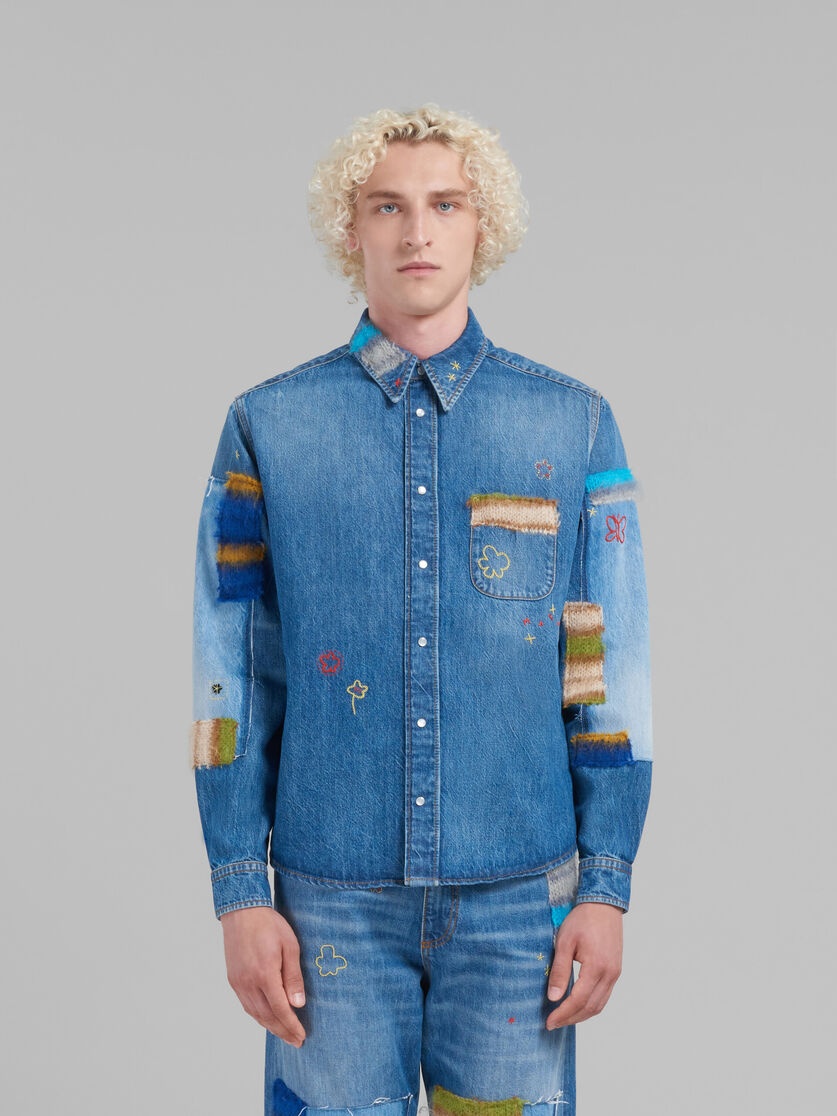 BLUE BIO DENIM SHIRT WITH MOHAIR PATCHES - 2