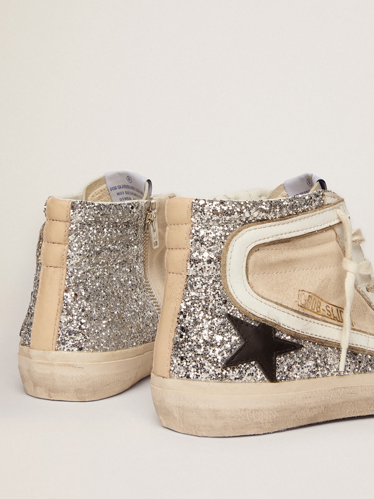 Penstar Slide sneakers in cream-colored canvas and silver glitter with black leather star - 5