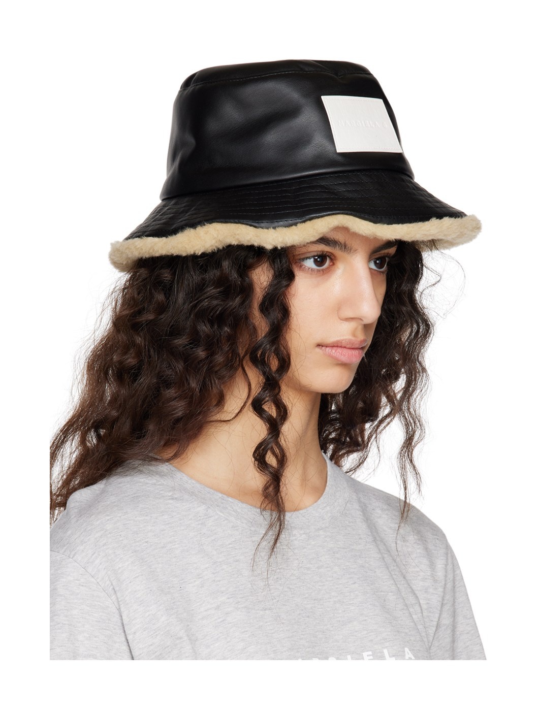 MM6 Maison Margiela Black Patch Faux-Leather Bucket Hat | REVERSIBLE