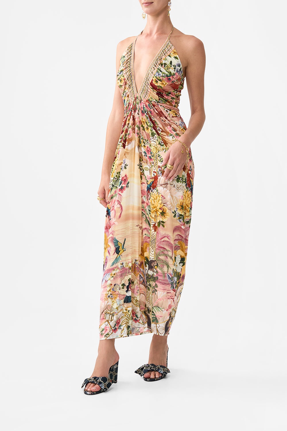 V NECK GATHERED JERSEY DRESS - 4