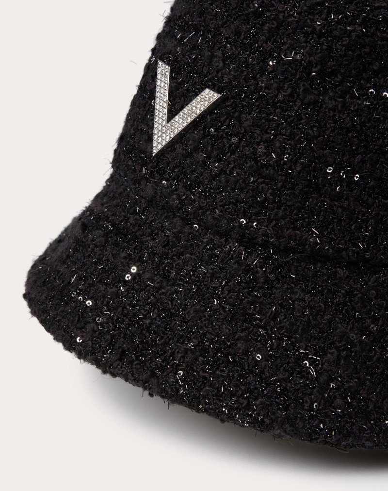 Valentino V DETAIL TWEED BUCKET HAT WITH METAL V APPLIQUÉ AND SWAROVSKI® CRYSTAL PAVÉ outlook
