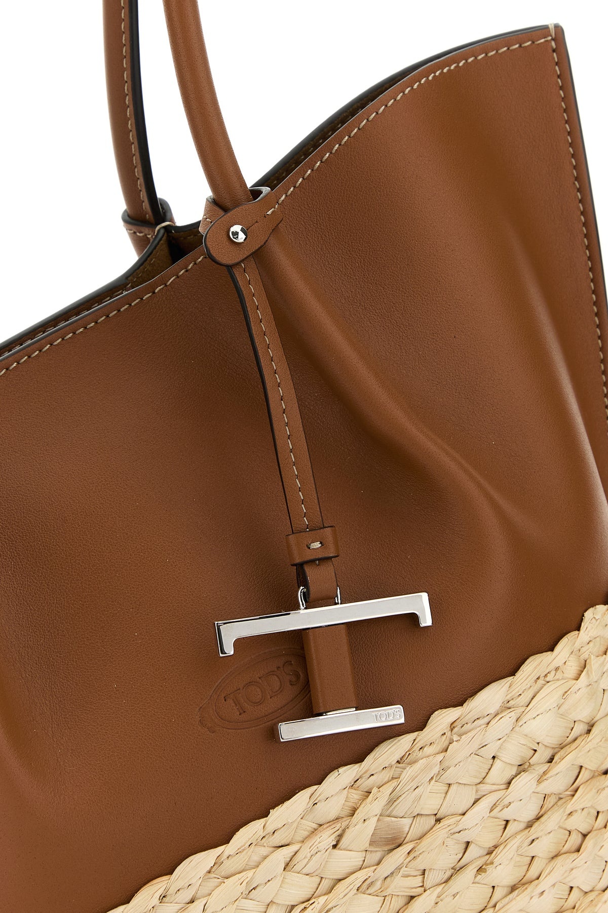 Two-tone leather and raffia small shopping bag - 4