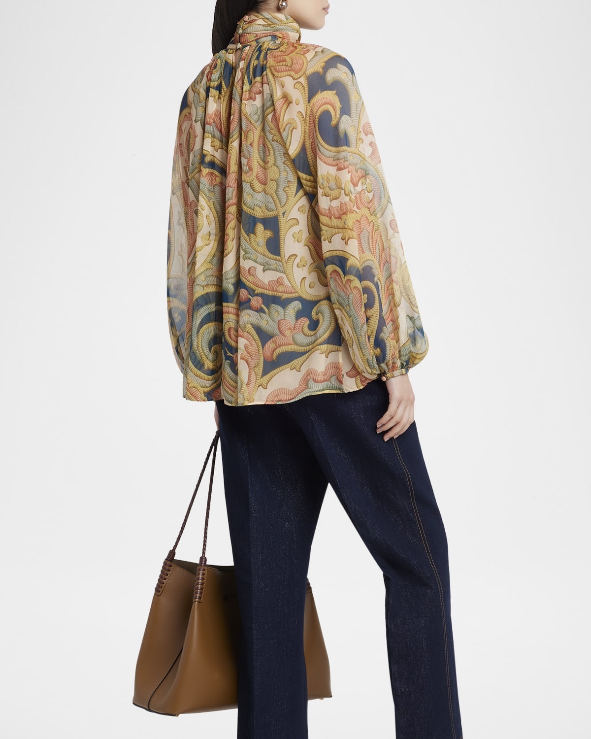 Abstract Floral Silk Chiffon High-Neck Blouse - 6