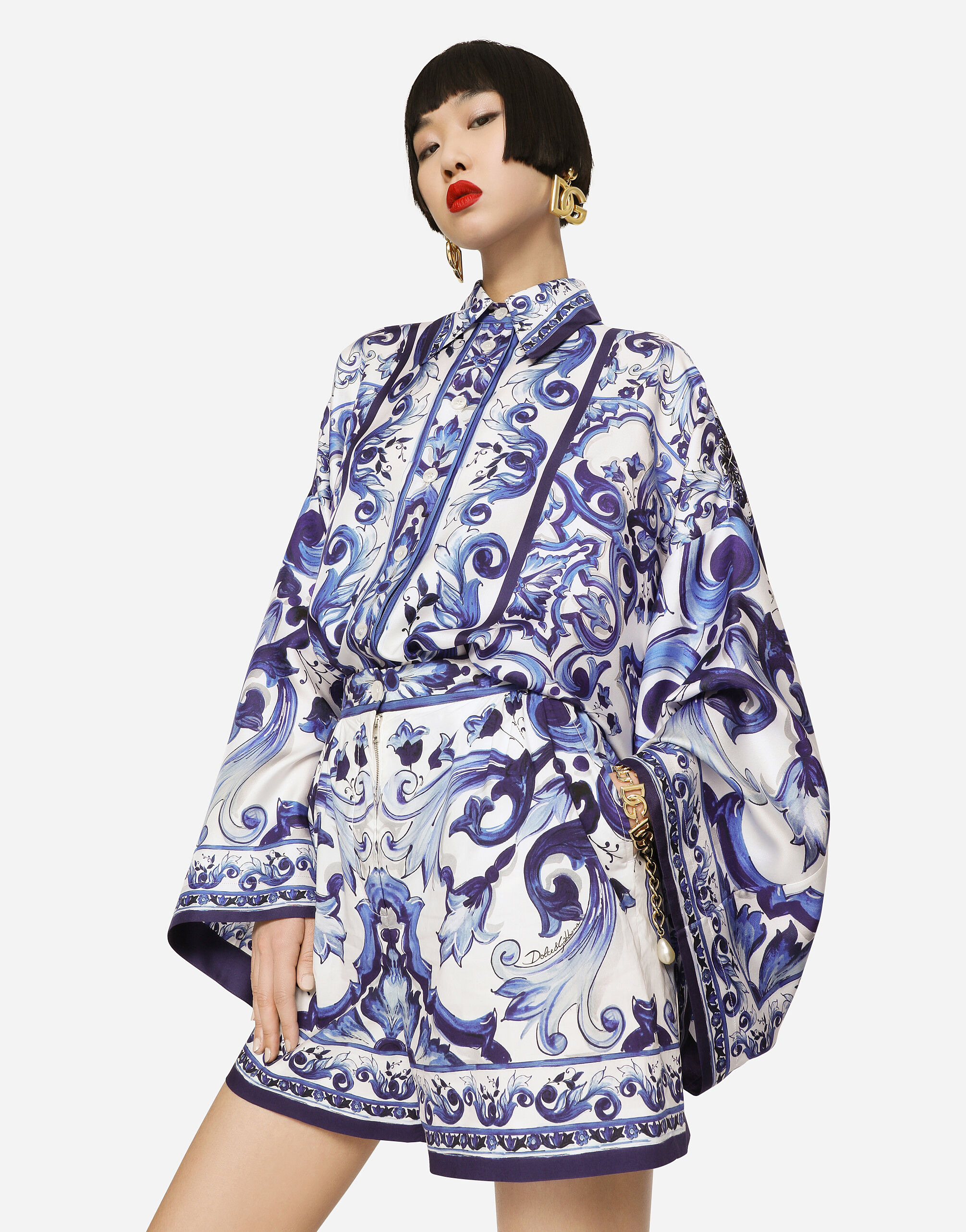 Majolica-print twill shirt with slits - 2