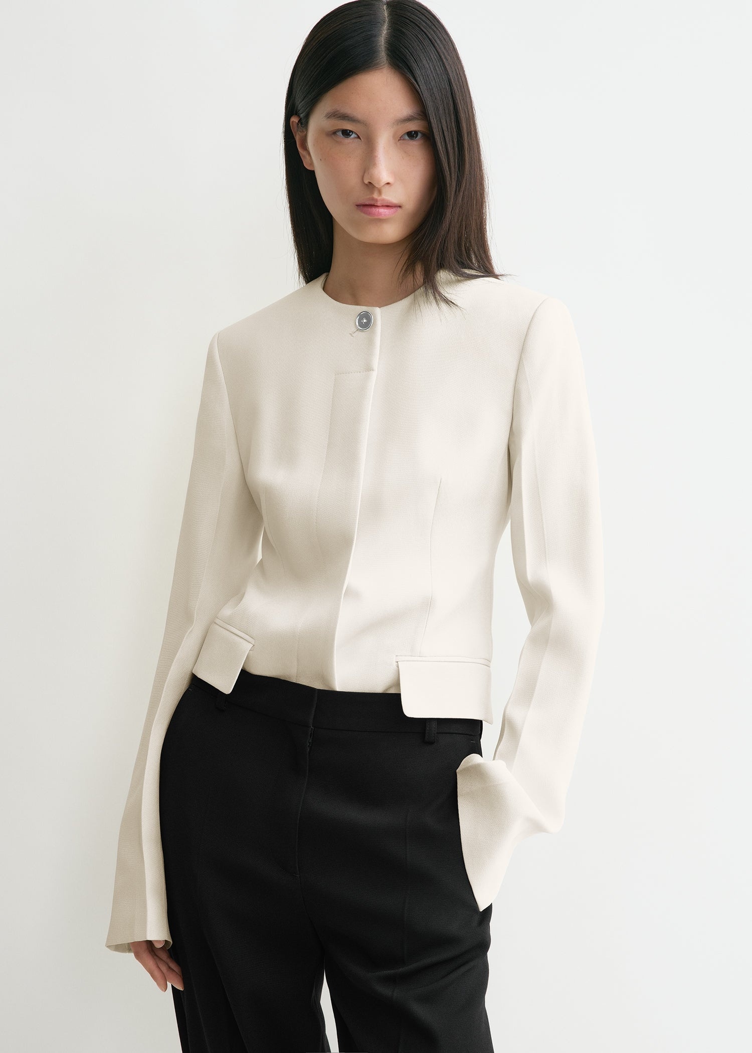 Collarless cinched jacket ecru - 6