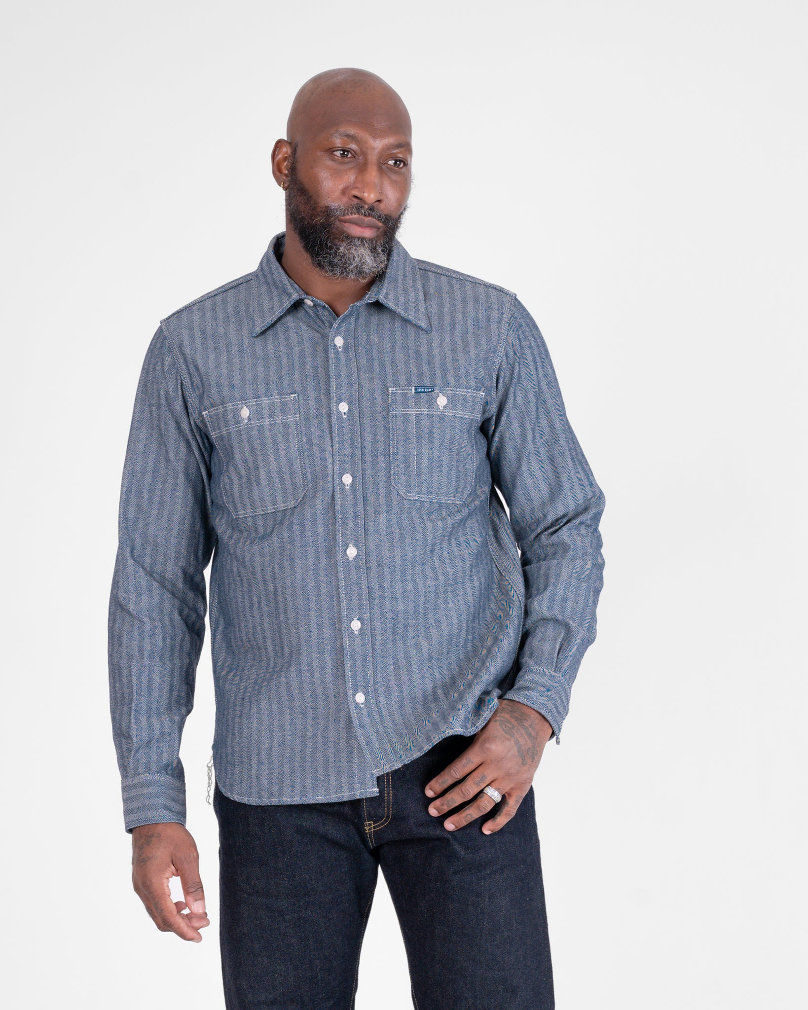 IHSH-308-IND 12oz Herringbone Work Shirt - Indigo - 2