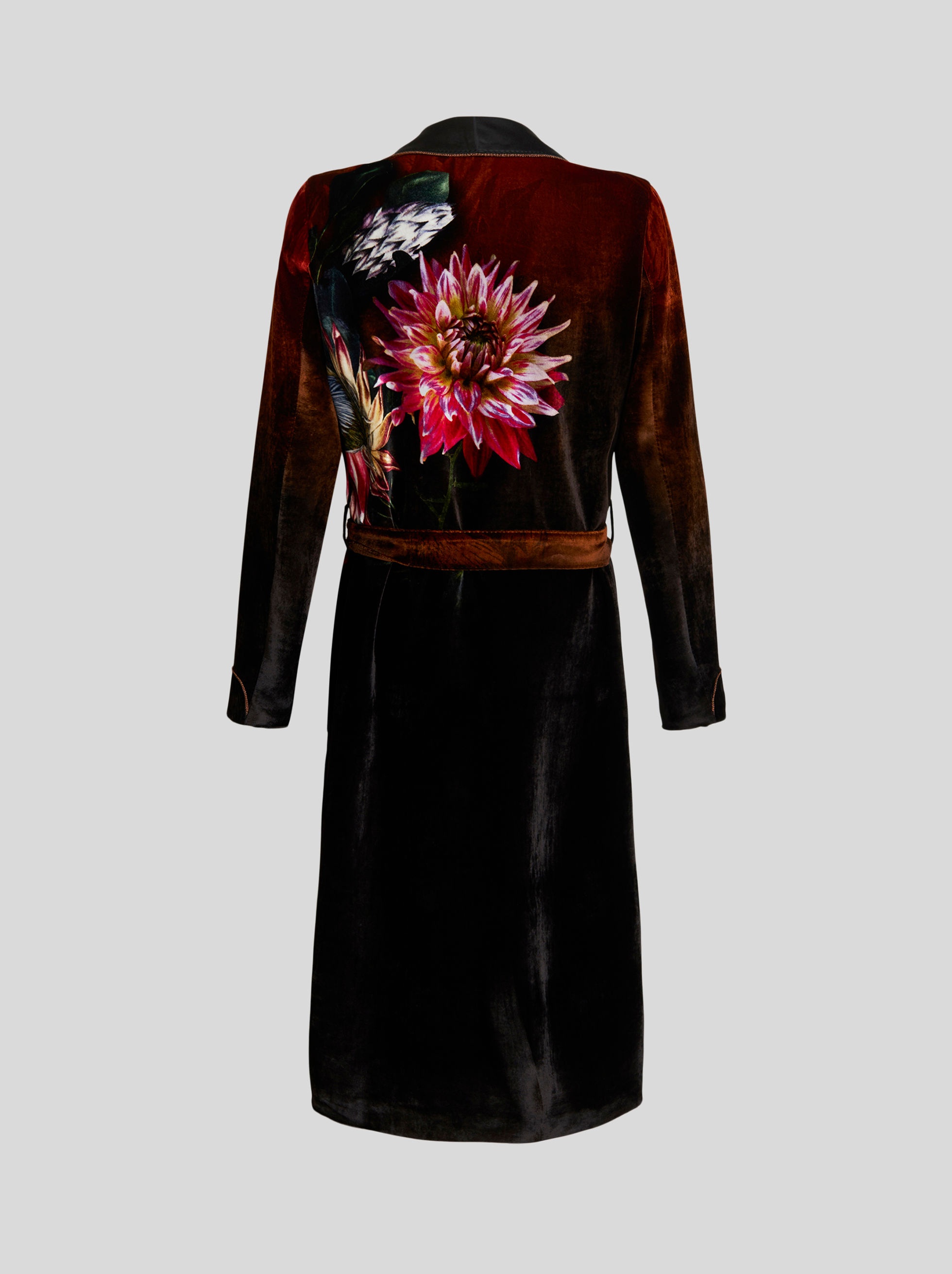 FLORAL PRINT SILK VELVET ROBE COAT - 5