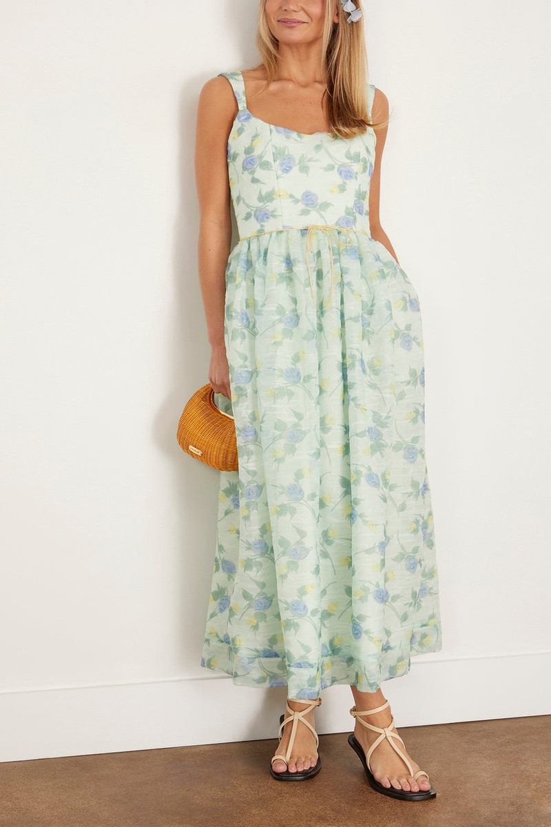 markarian Apple Corset Midi Dress in Blue and Green Floral Organza outlook