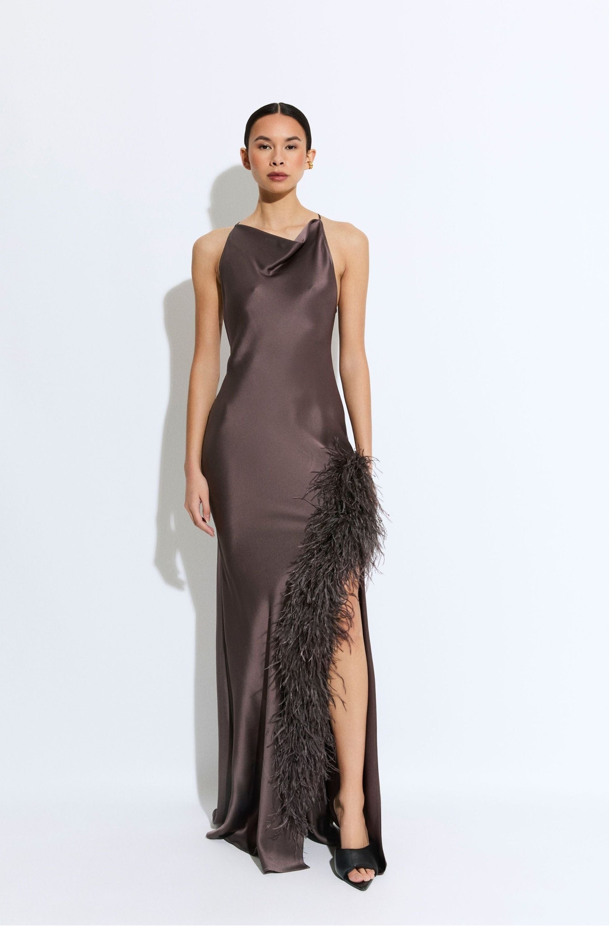 Satin Halter Gown With Feathers - 2
