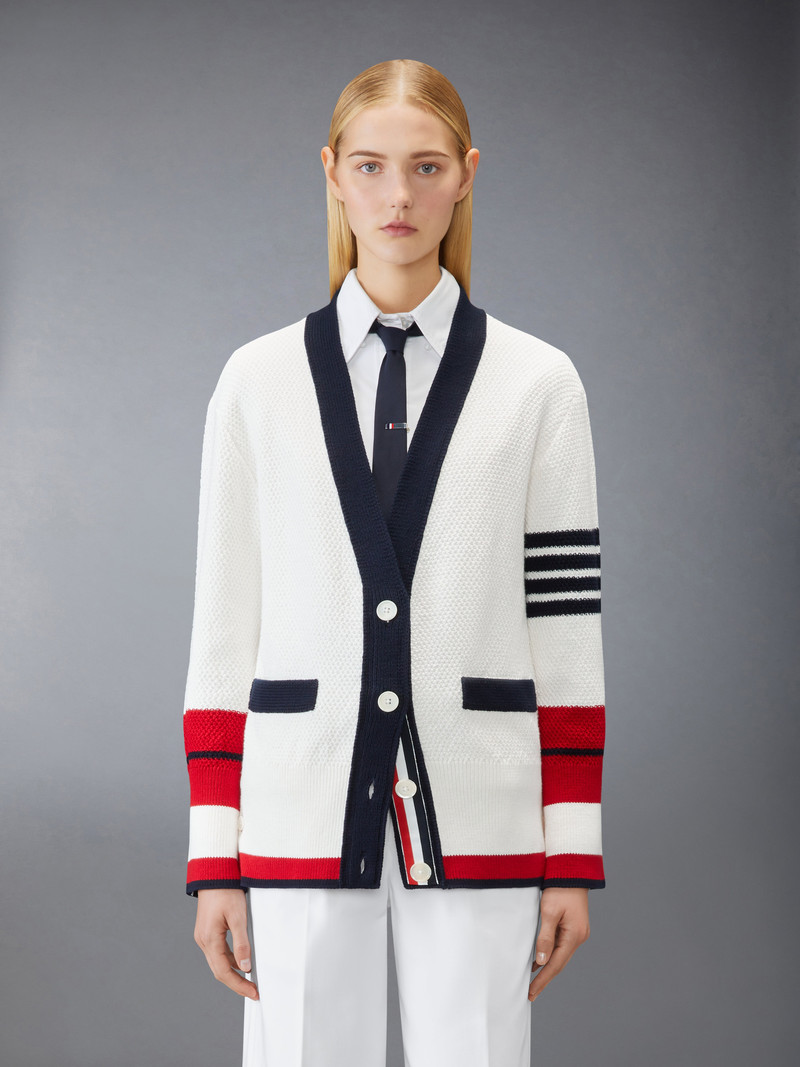 Thom Browne TENNIS RACQUET INTARSIA 4-BAR SEED STITCH CARDIGAN outlook