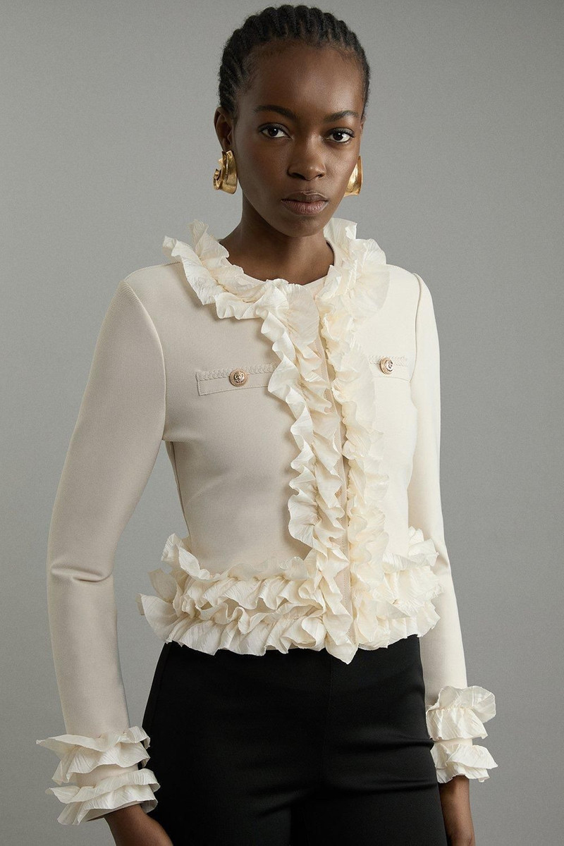 Figure Form Bandage Knit Jacket With Woven Ruffle Trim 1