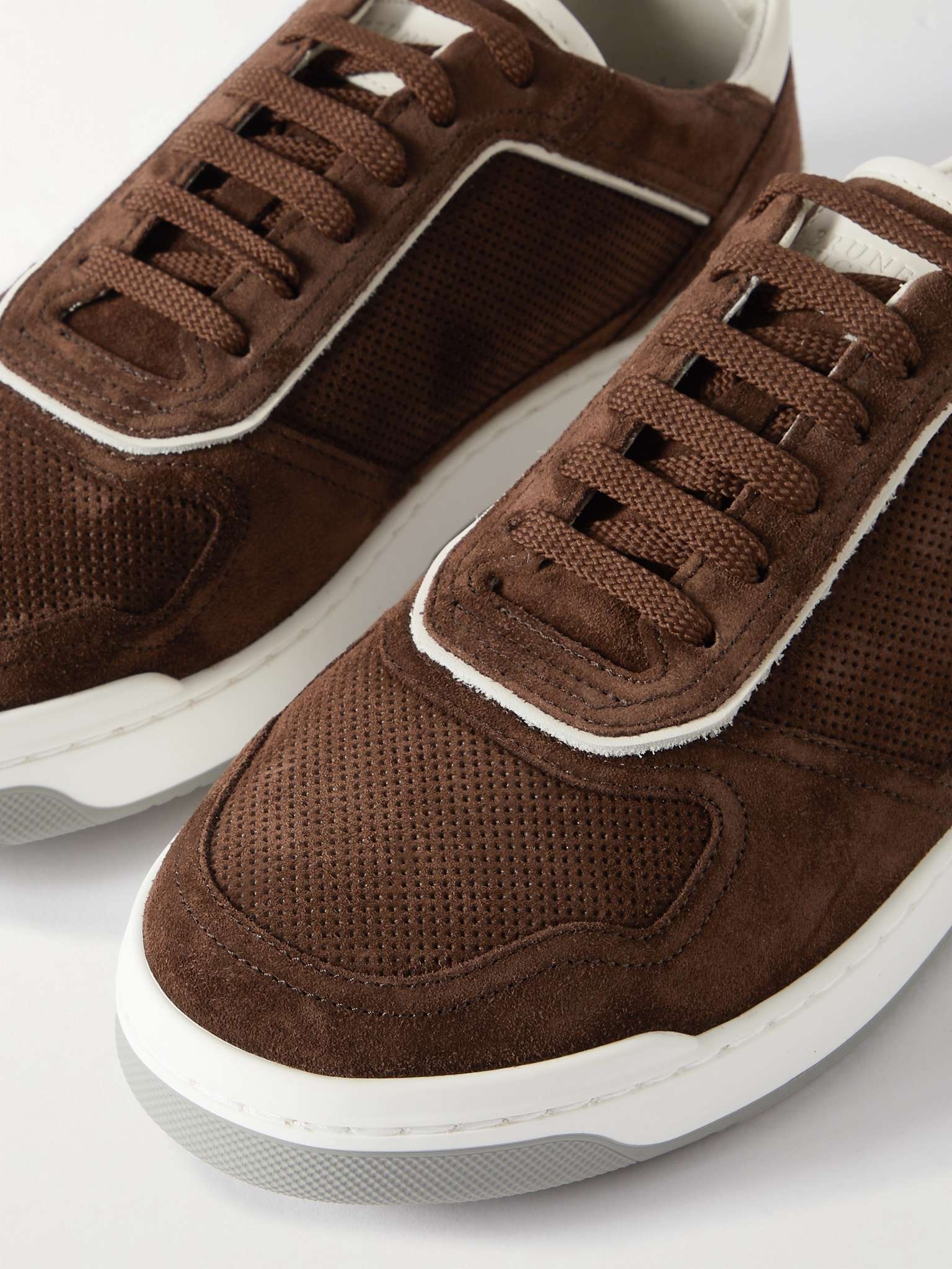 Suede-Trimmed Perforated Leather Sneakers - 6