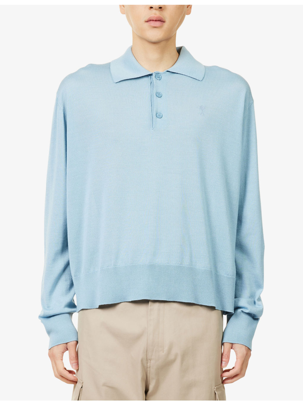 Logo-Embroidery Long-Sleeve Wool-Blend Knitted Polo Shirt - 3