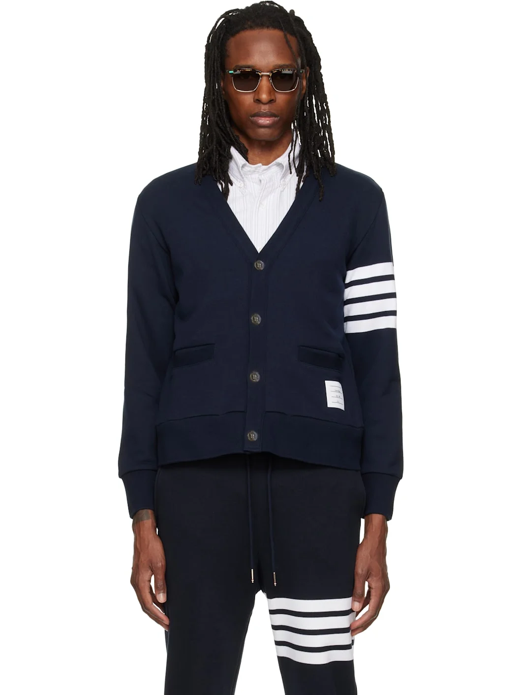 Navy Loopback 4-Bar Boat Embroidery Cardigan - 1