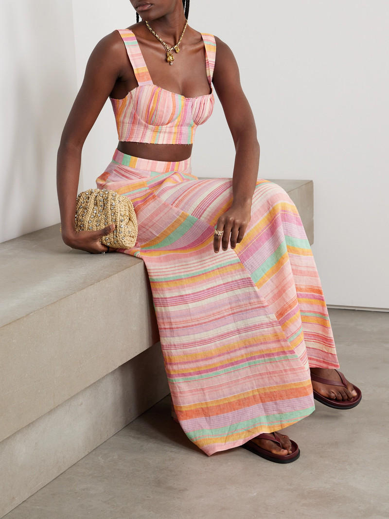 EMPORIO SIRENUSE Dalia Frayed Pleated Striped Linen Bustier Top outlook