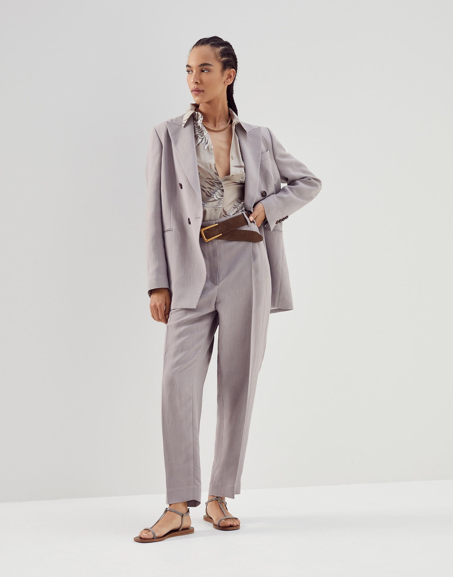 Silk marine flower pongee shirt with monili - 5