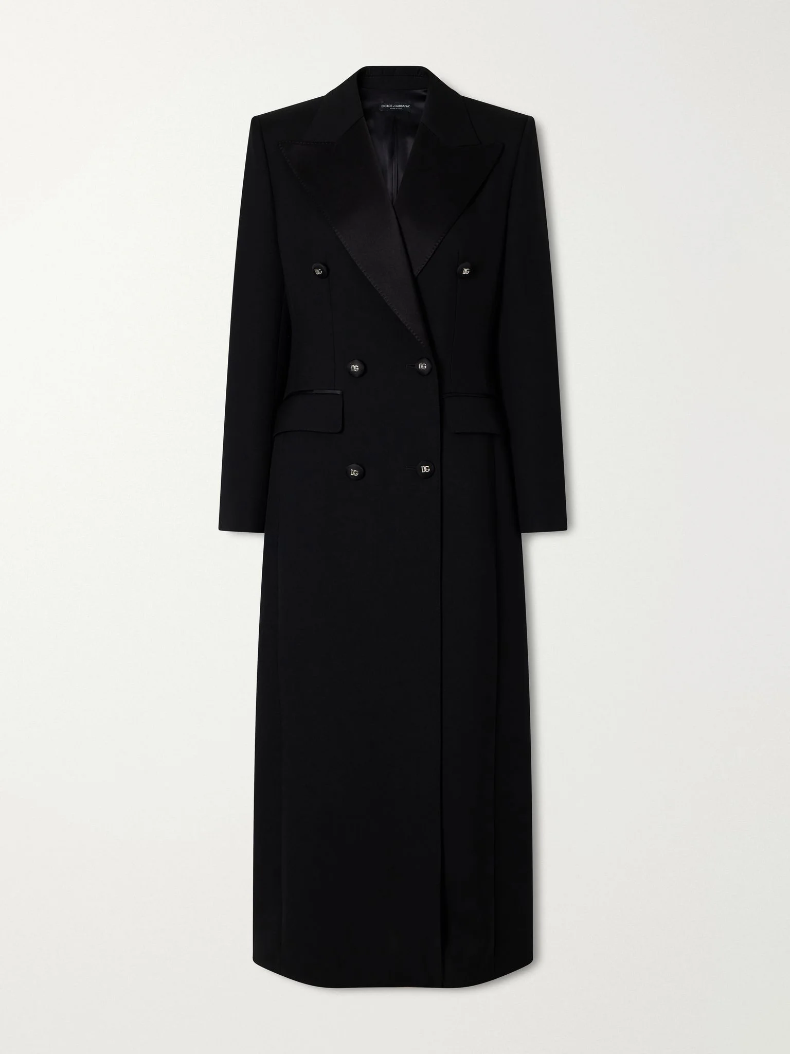 Double-breasted satin-trimmed wool-blend grain de poudre coat Black - 1