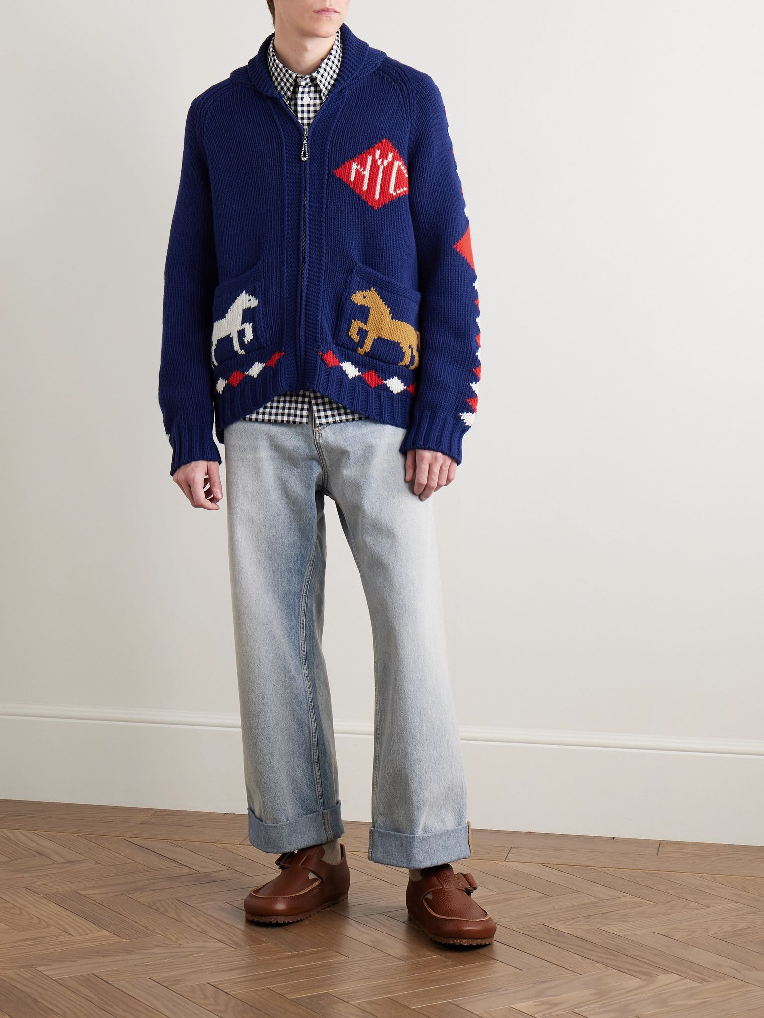 Diamond Corral Shawl-Collar Merino Wool-Jacquard Cardigan Blue - 2