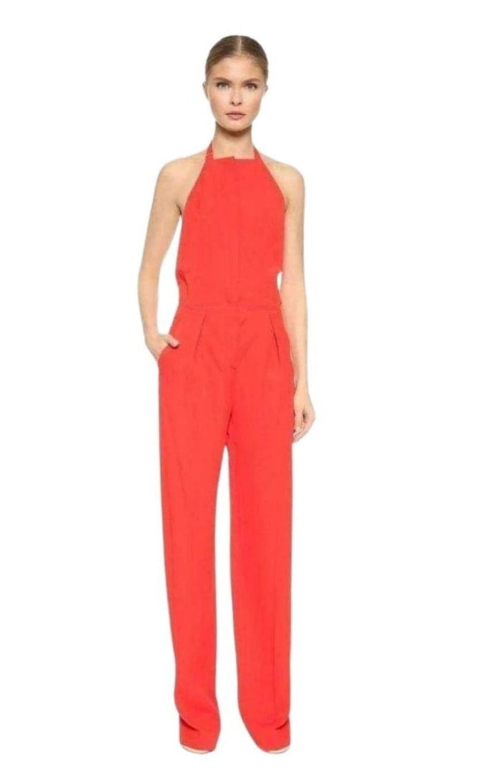 Red Open Back Sleeveless Silk Jumpsuit - 2