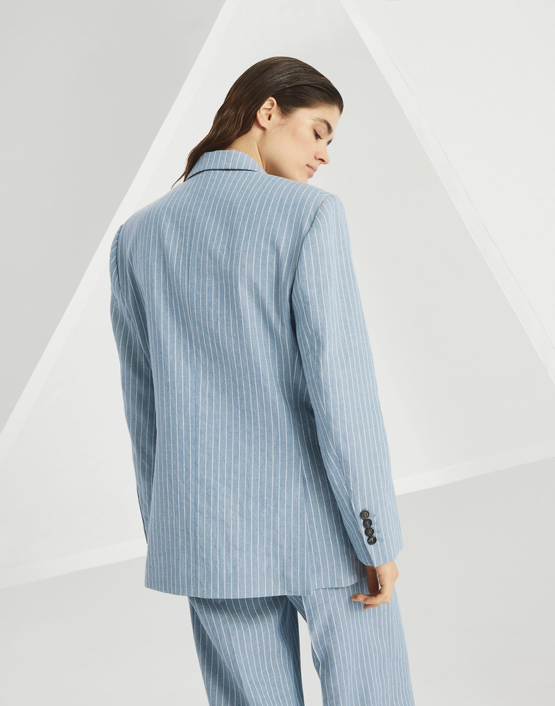 Brunello Cucinelli Linen and hemp chalk stripe twill blazer with monili outlook