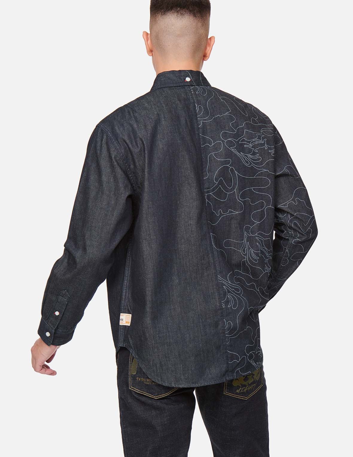 LINEAR CAMOUFLAGE DISCHARGED PRINT BLOCKING DENIM SHIRT - 4