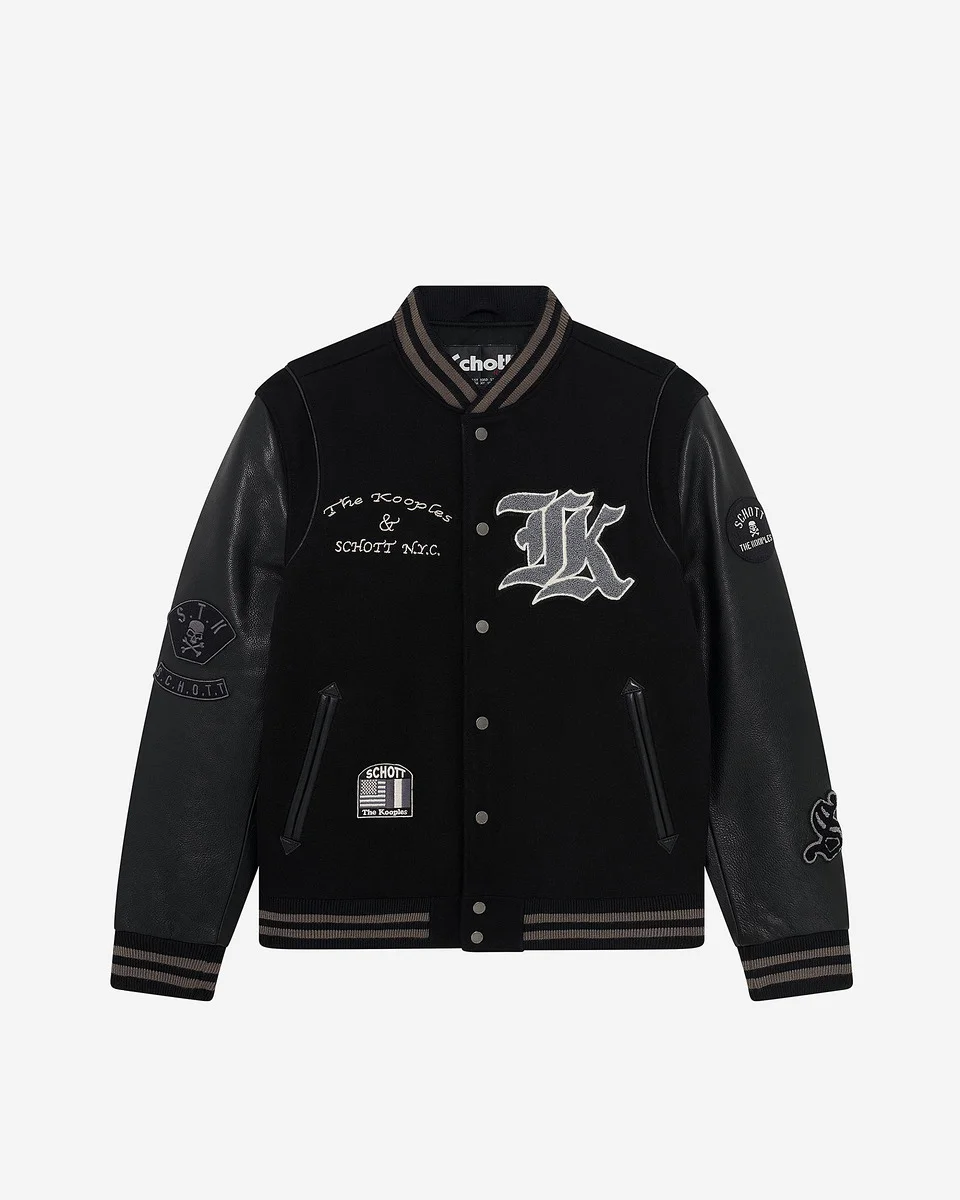 BLACK LEATHER VARSITY JACKET THE KOOPLES X SCHOTT NYC - 1