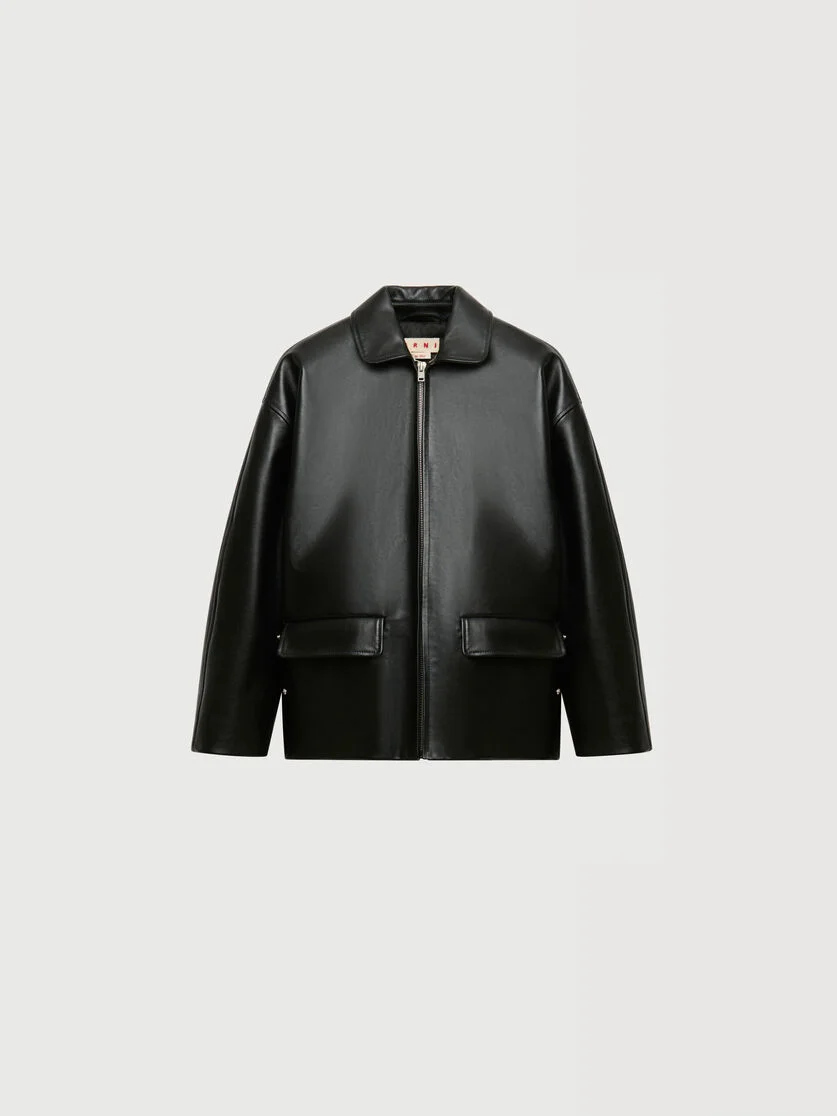 BLACK GLOSSY LEATHER JACKET WITH MARTINGALE - 1