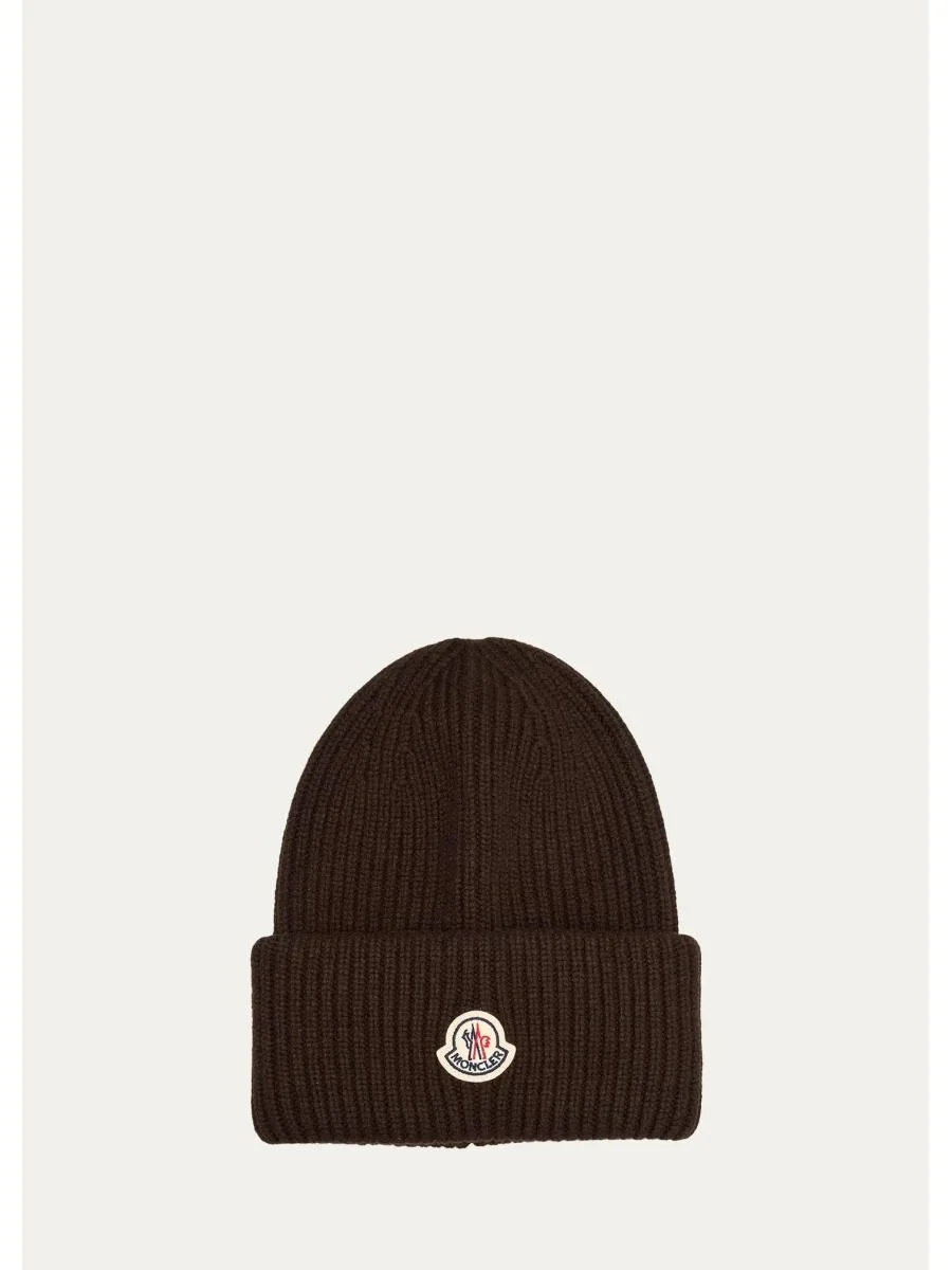 Men's Wool and Cashmere Ribbed Logo Beanie Hat - 1