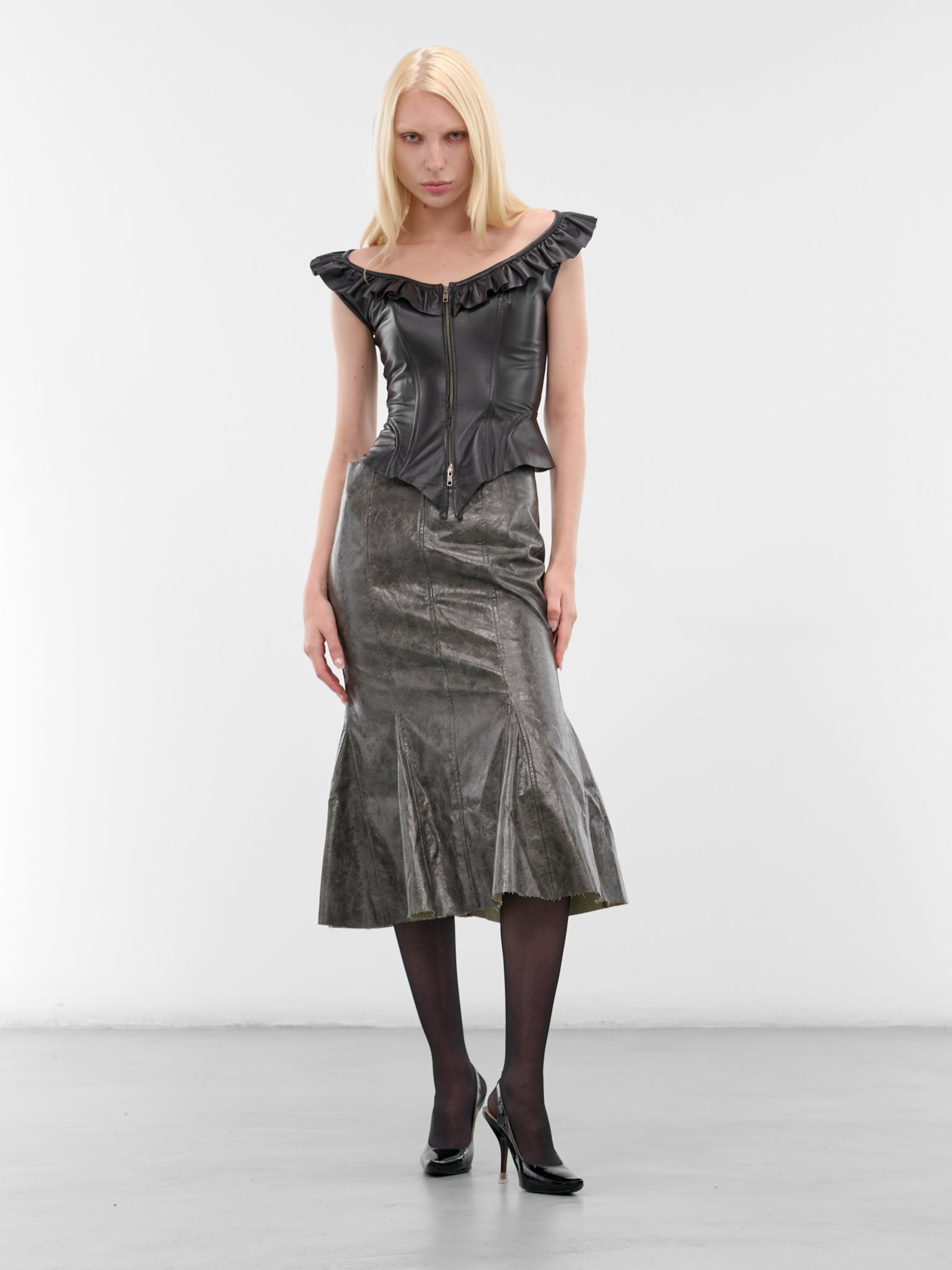 Brown Leather Kelp Midi Skirt - 6