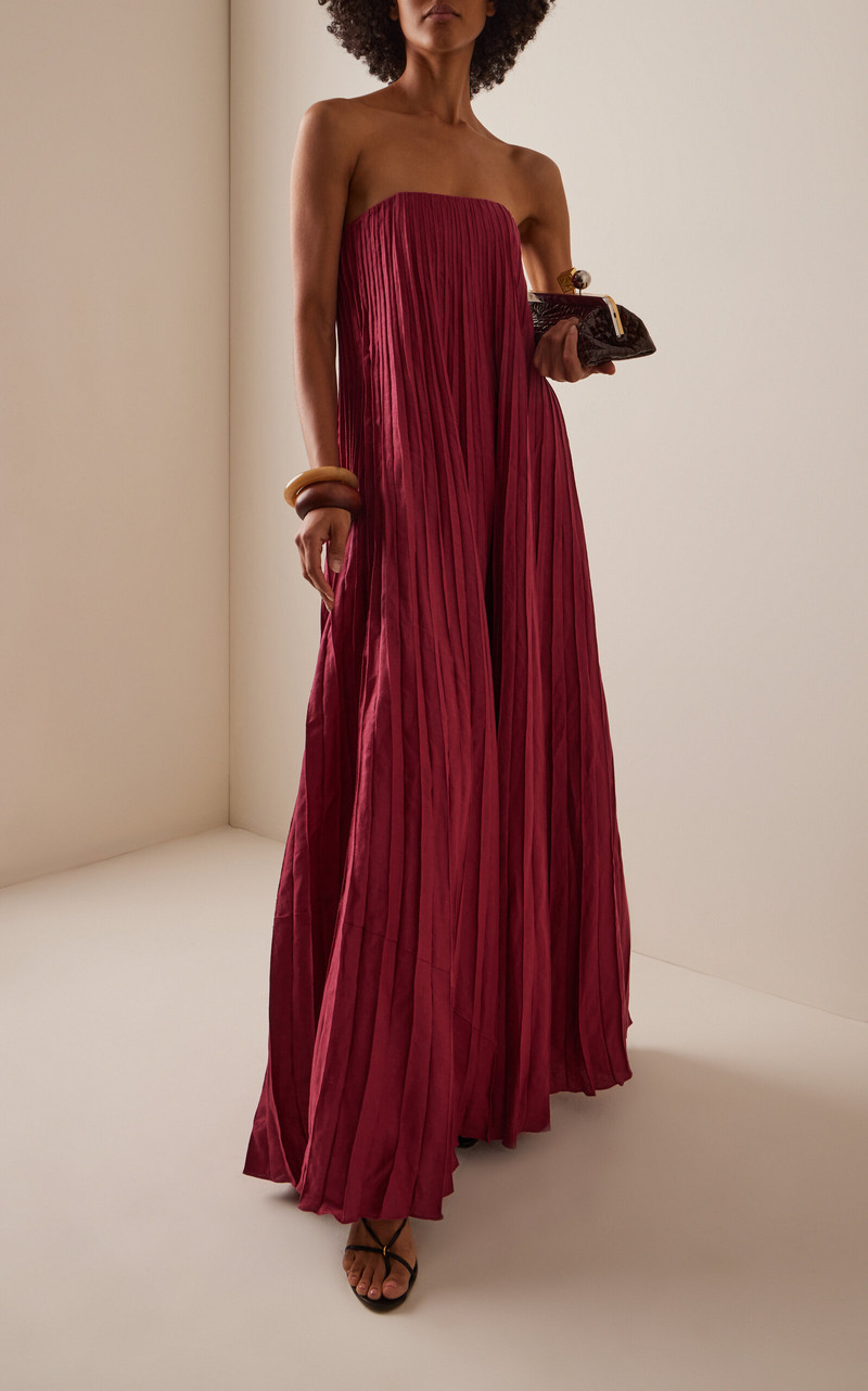 ANDRES OTALORA Exclusive Ritmo Pleated Linen Maxi Dress burgundy outlook