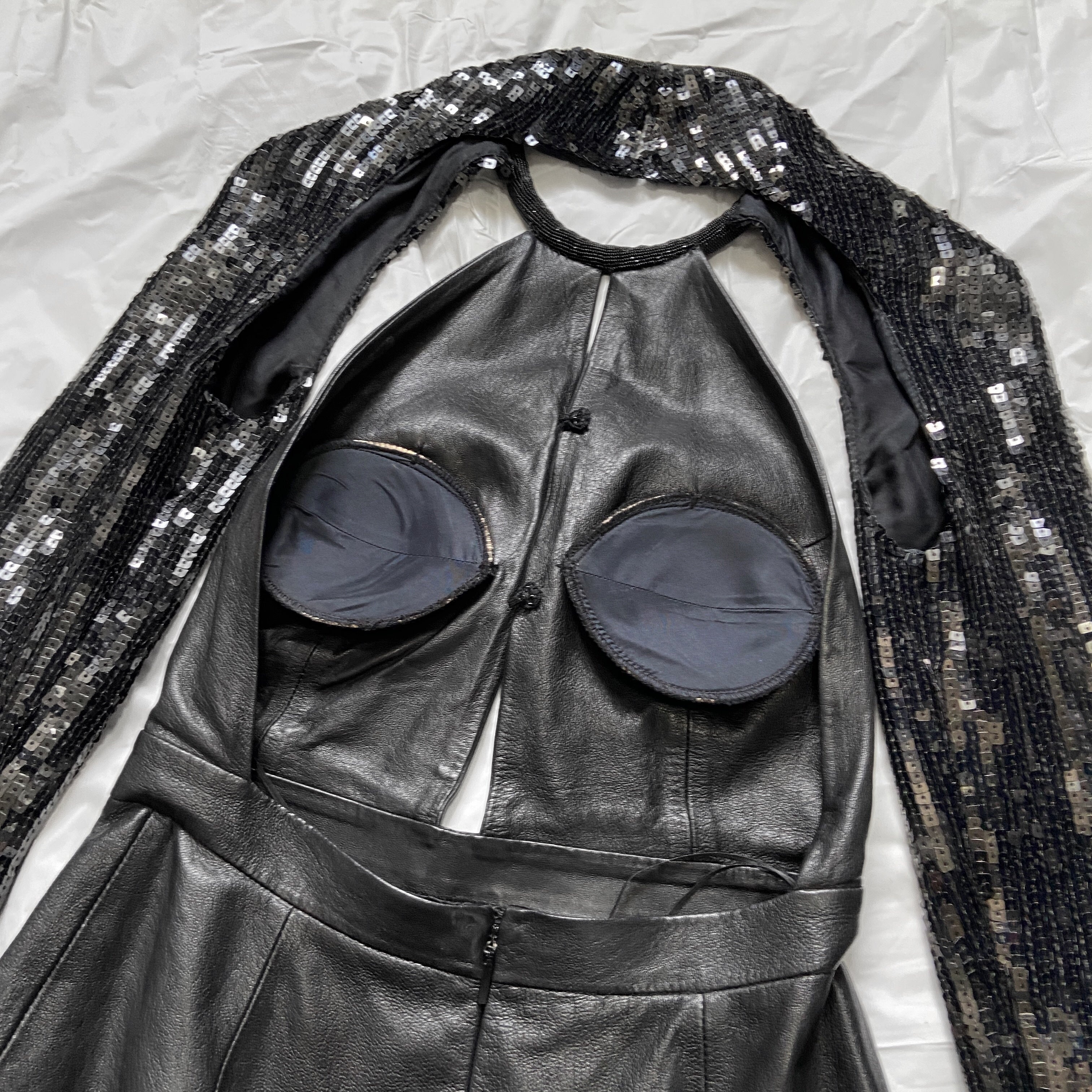 Saint Laurent Paris 2013 Hedi Beaded Collar Sequenced Sleeves Cut Out Backless Leather Dress - 16