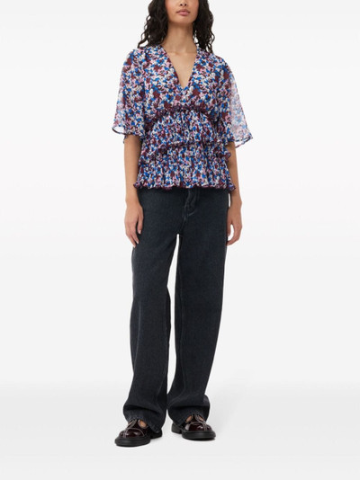 GANNI floral-print V-neck pleated blouse outlook