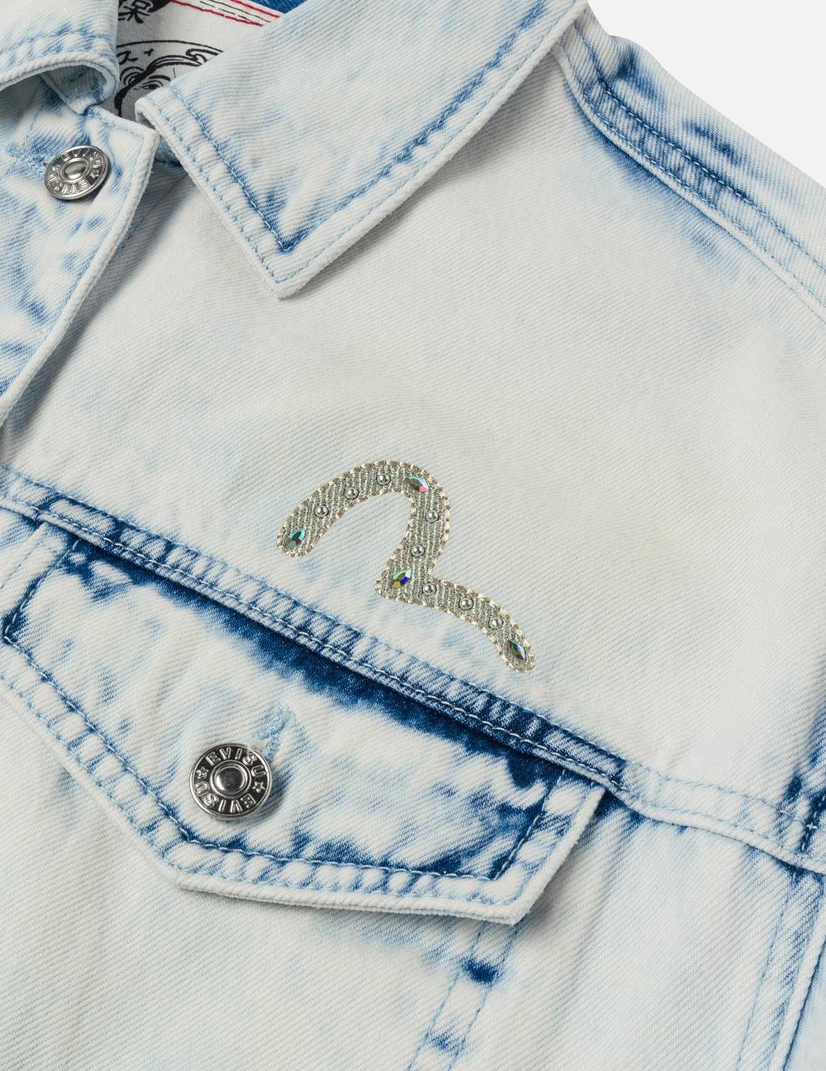 Bleach Washed Kamon Embroidery Fashion Fit Denim Jacket - 6